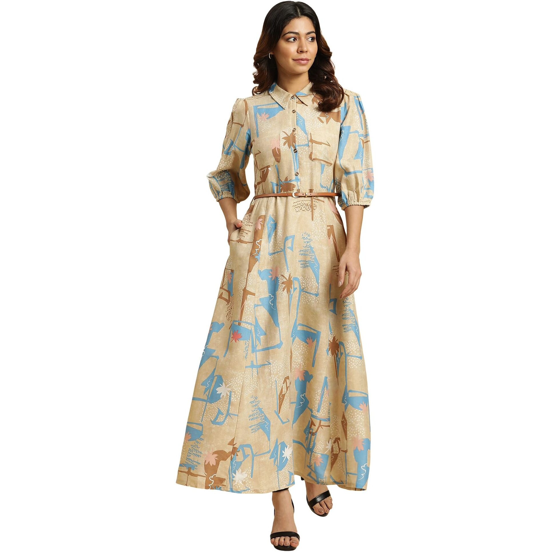 W For Woman Beige Abstract Printed Western Long Dress With Belt (Size L)-23Auw19649-810532
