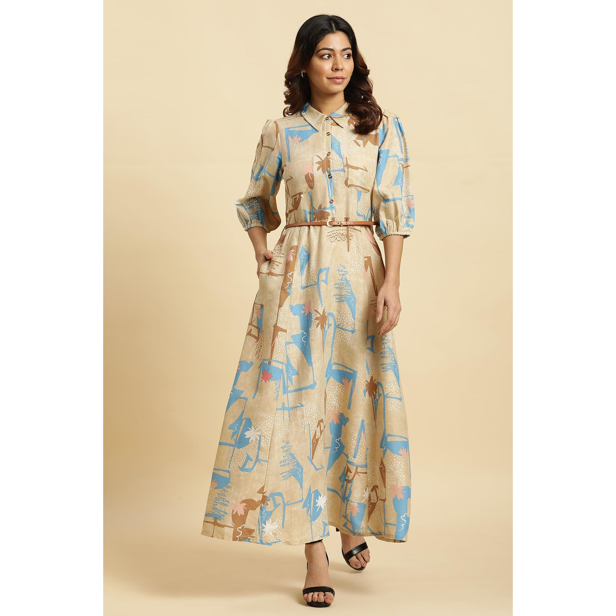 W For Woman Beige Abstract Printed Western Long Dress With Belt (Size L)-23Auw19649-810532