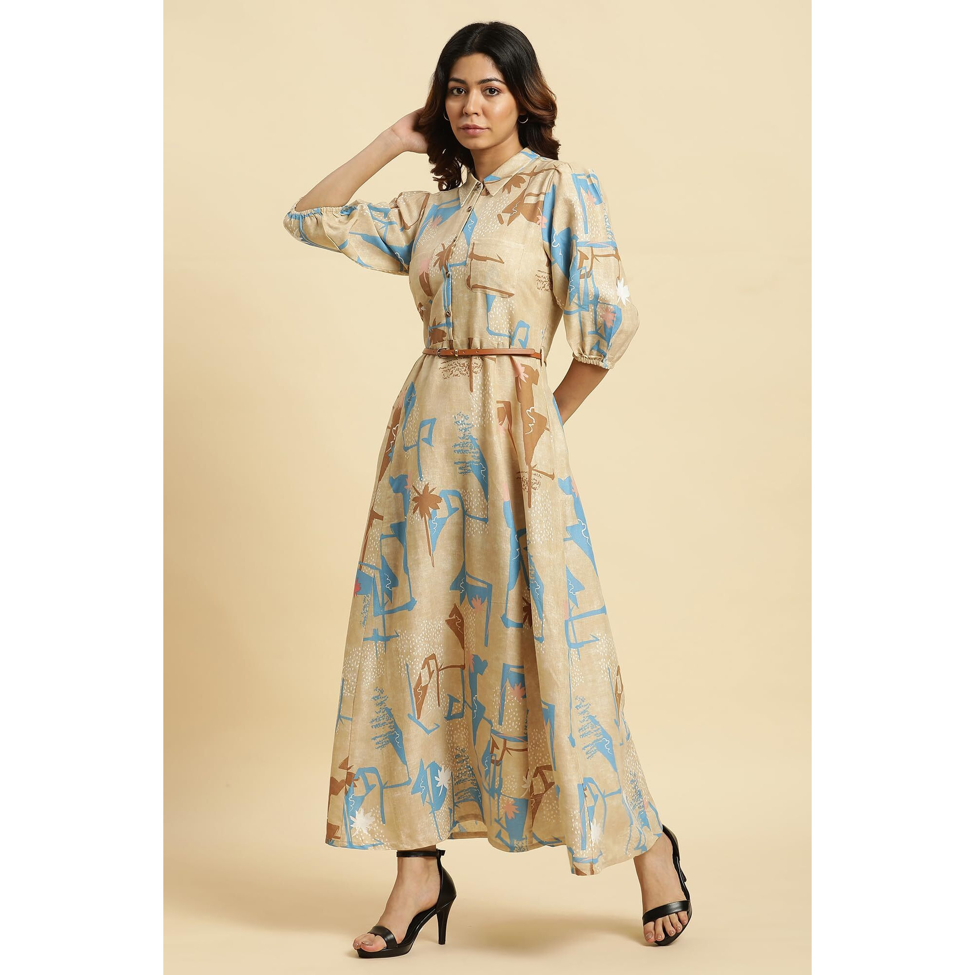 W For Woman Beige Abstract Printed Western Long Dress With Belt (Size L)-23Auw19649-810532
