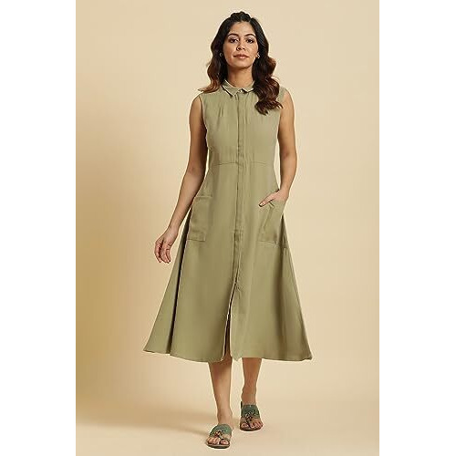 W For Woman Green Solid A-Line Tailored Long Dress (Size M)-23Auw10007-605643
