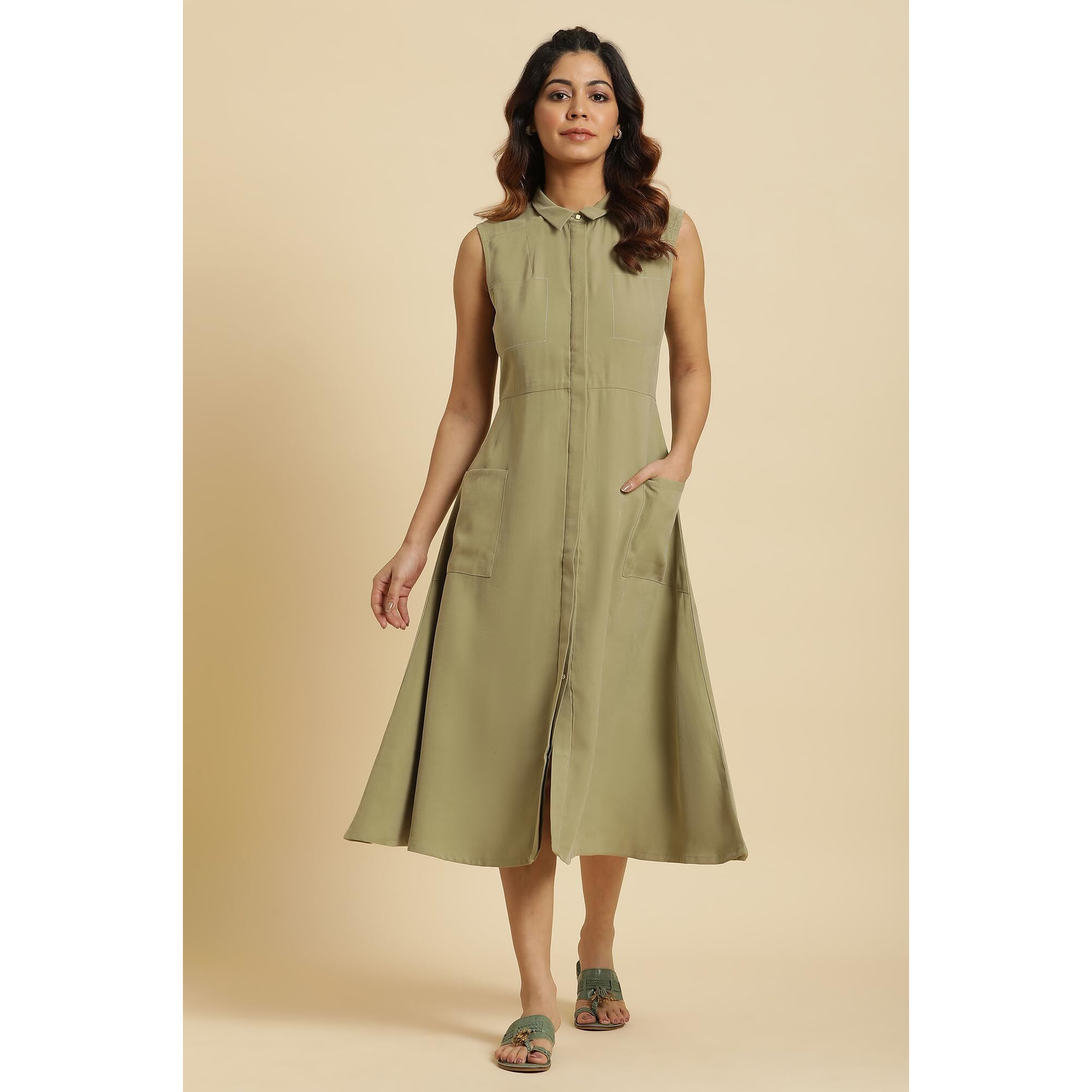 W For Woman Green Solid A-Line Tailored Long Dress (Size Xl)-23Auw10007-605643