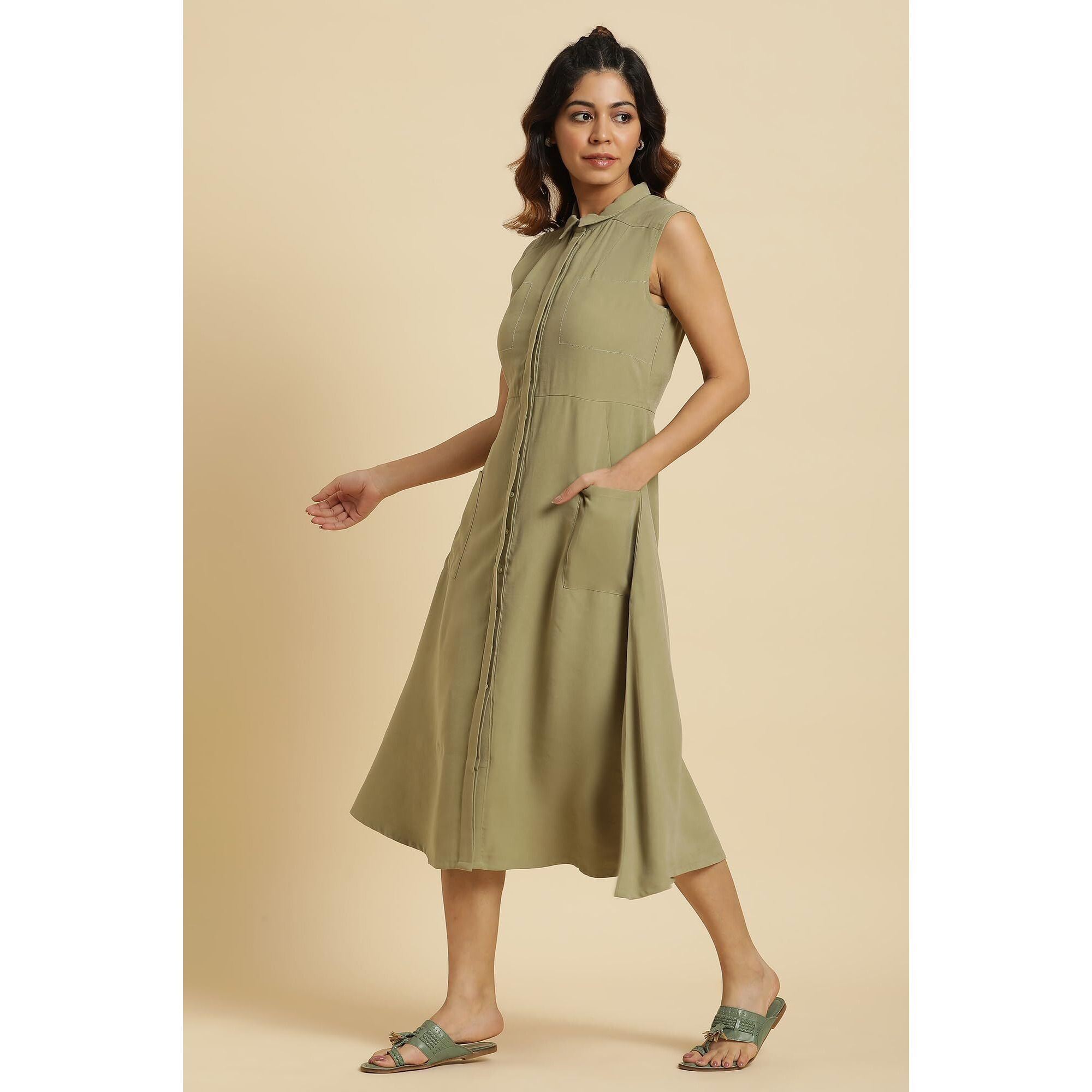 W For Woman Green Solid A-Line Tailored Long Dress (Size Xl)-23Auw10007-605643