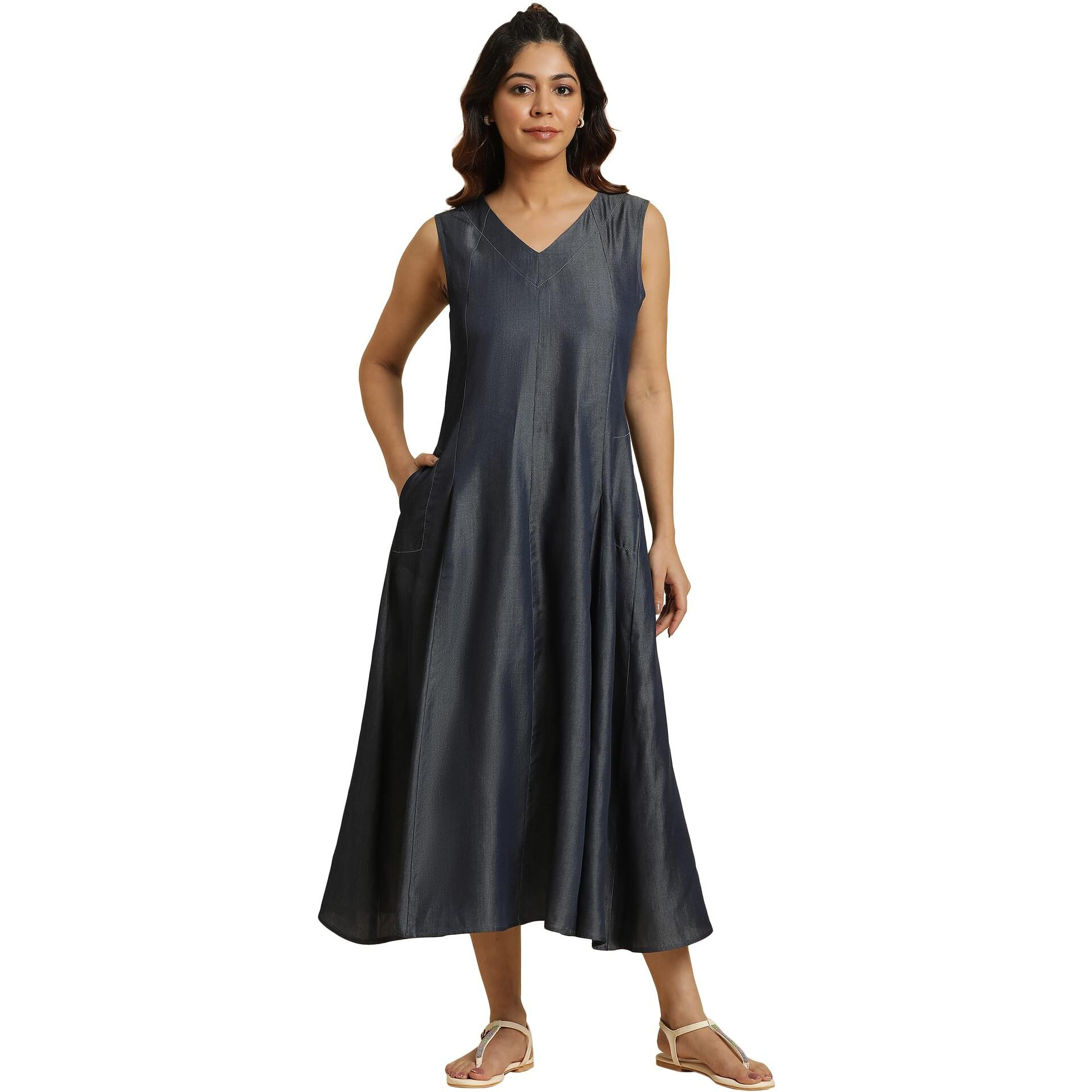 W For Woman Women's Lycra A-Line Calf Length Dress (23Auw19659-704256_Blue