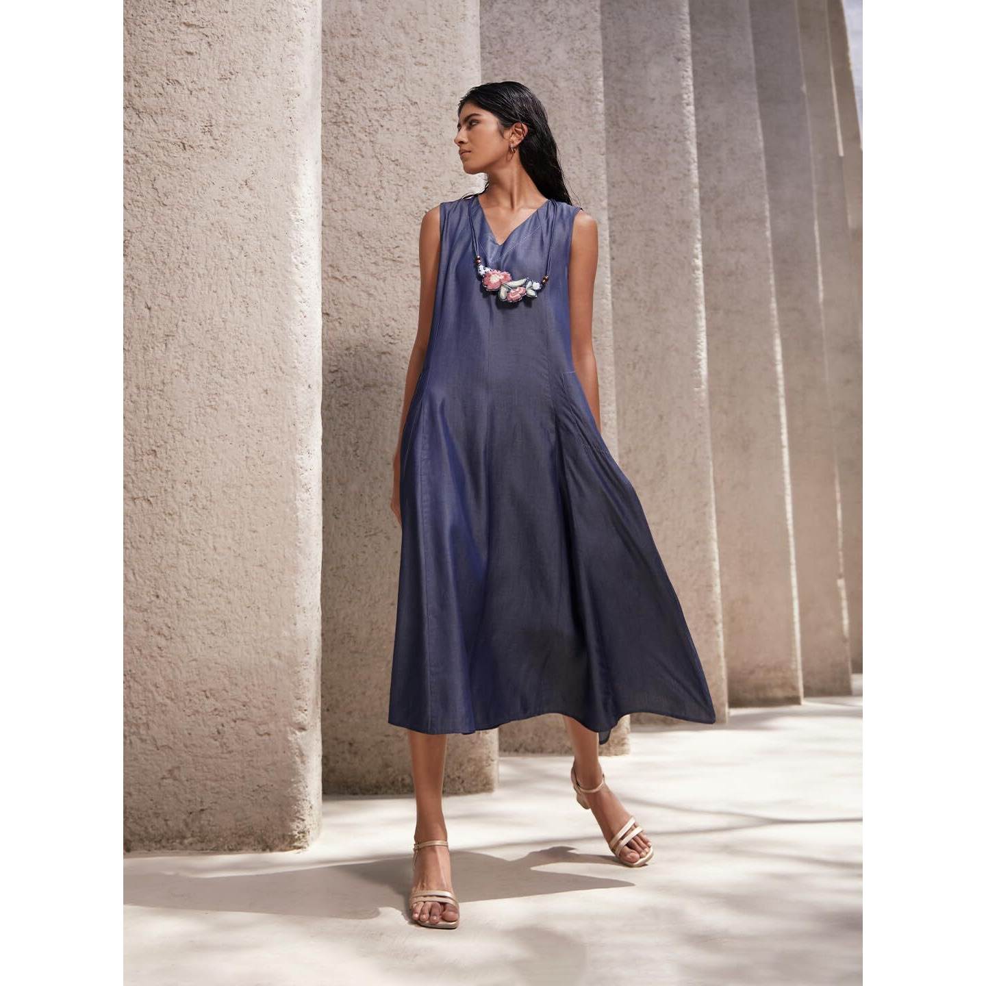 W For Woman Women's Lycra A-Line Calf Length Dress (23Auw19659-704256_Blue