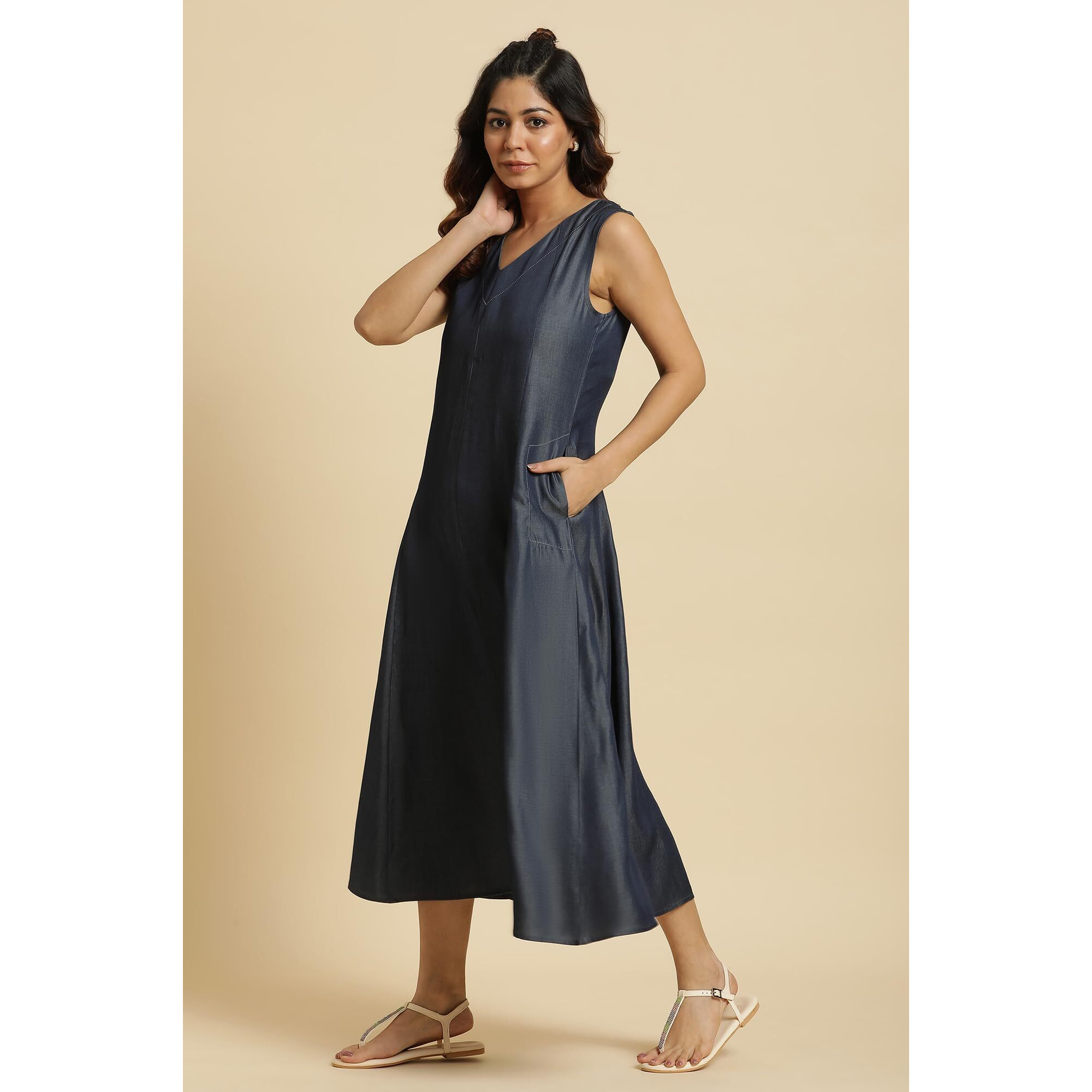 W For Woman Women's Lycra A-Line Calf Length Dress (23Auw19659-704256_Blue