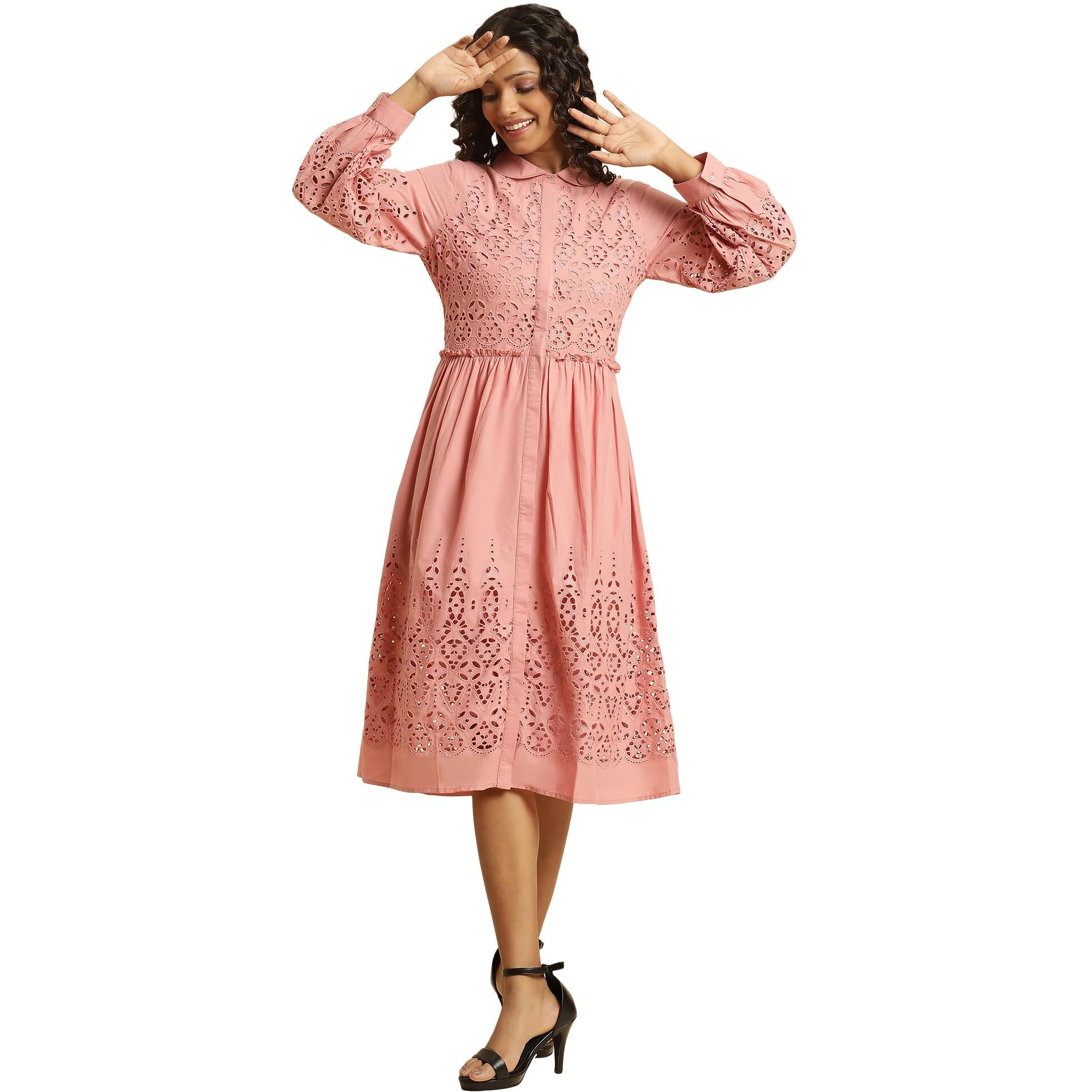 W For Woman Women Calf Length Pink Schiffli Western Shirt Dress_23Auw10028-820732_S