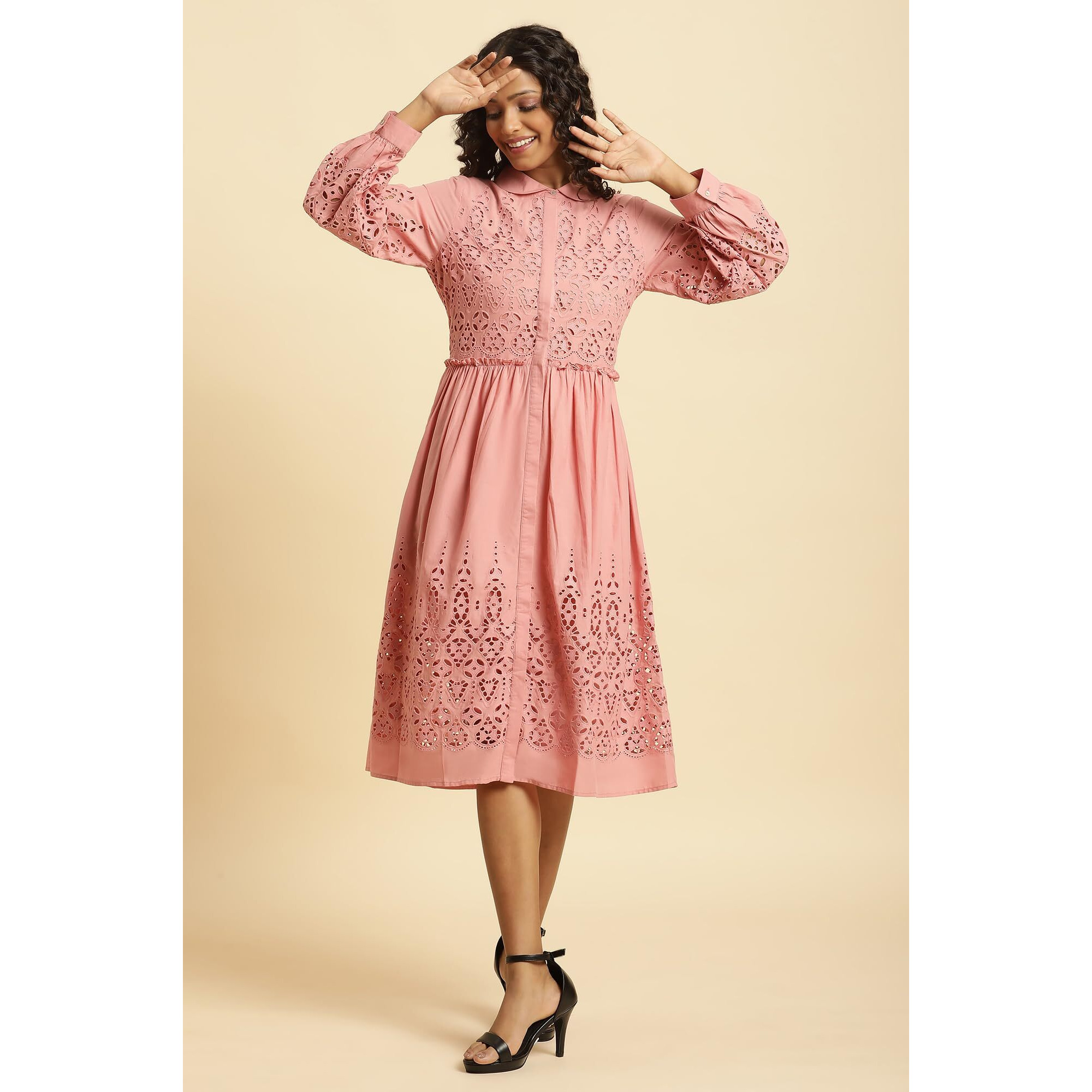 W For Woman Women Calf Length Pink Schiffli Western Shirt Dress_23Auw10028-820732_S