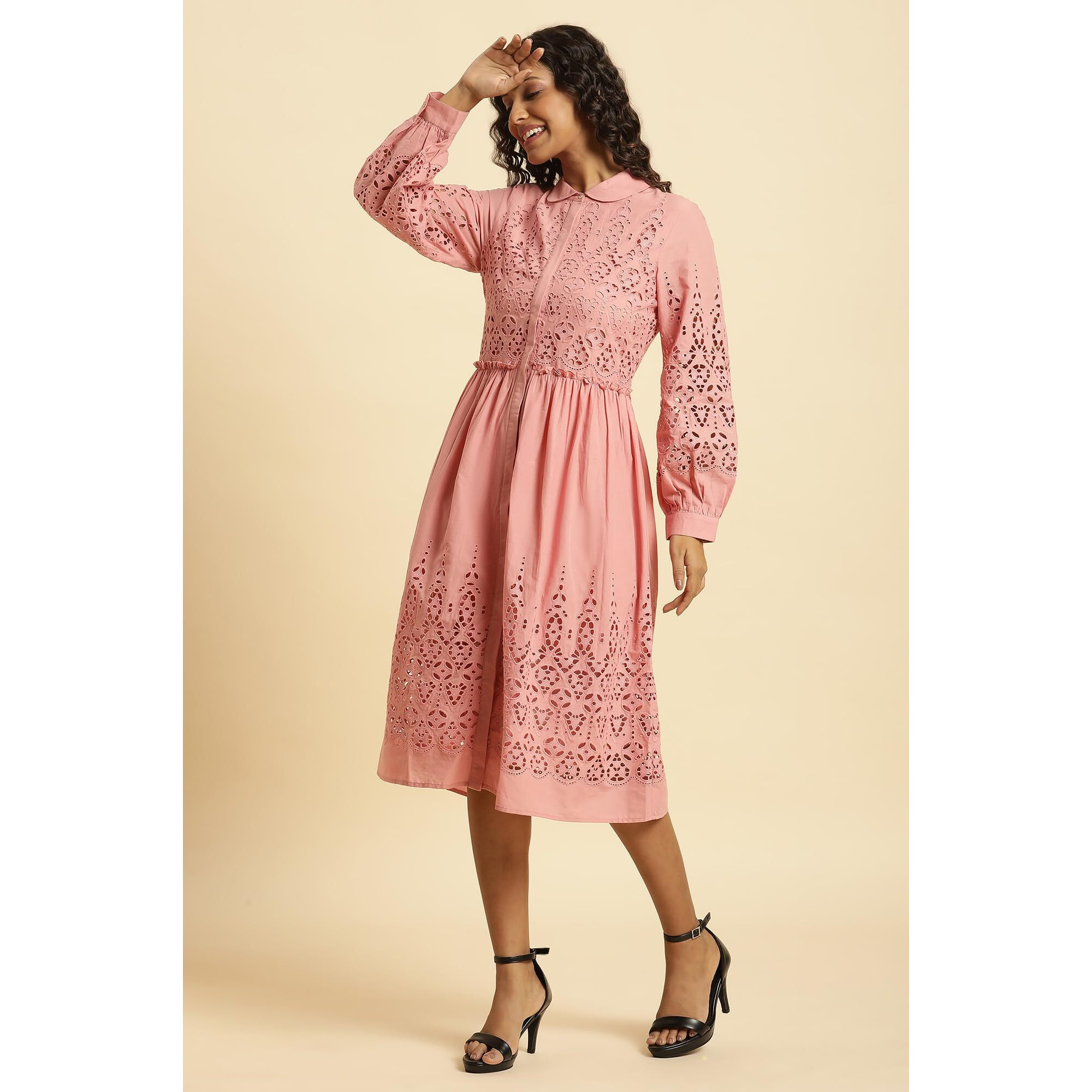 W For Woman Women Calf Length Pink Schiffli Western Shirt Dress_23Auw10028-820732_S