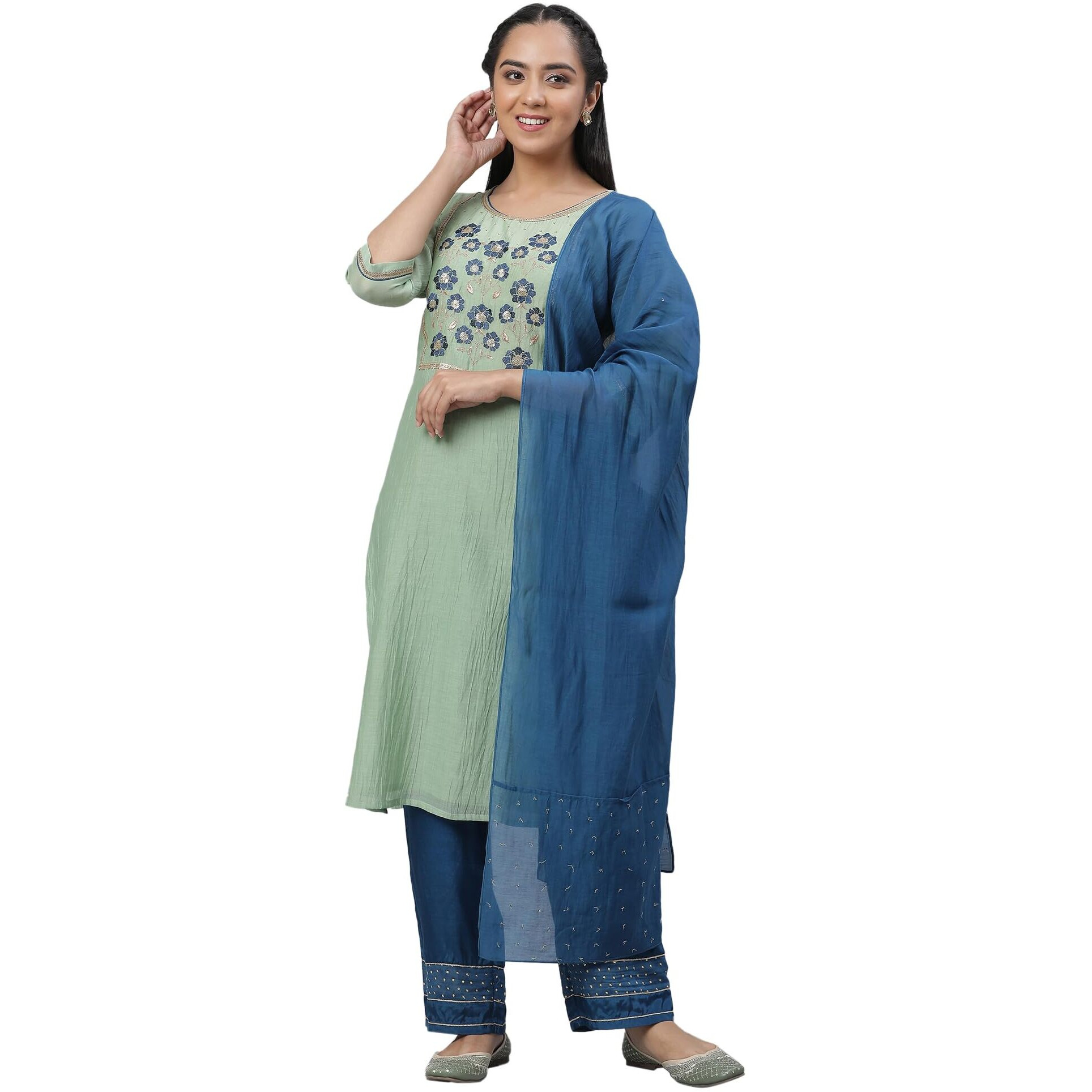 Aurelia Green Embroidered Blend Kurta Dupatta Bottomwear Set