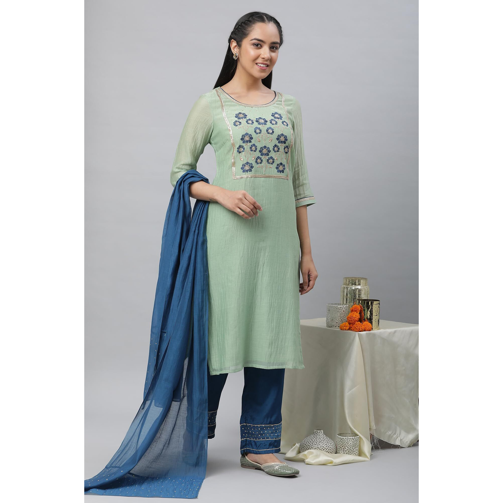 Aurelia Green Embroidered Blend Kurta Dupatta Bottomwear Set