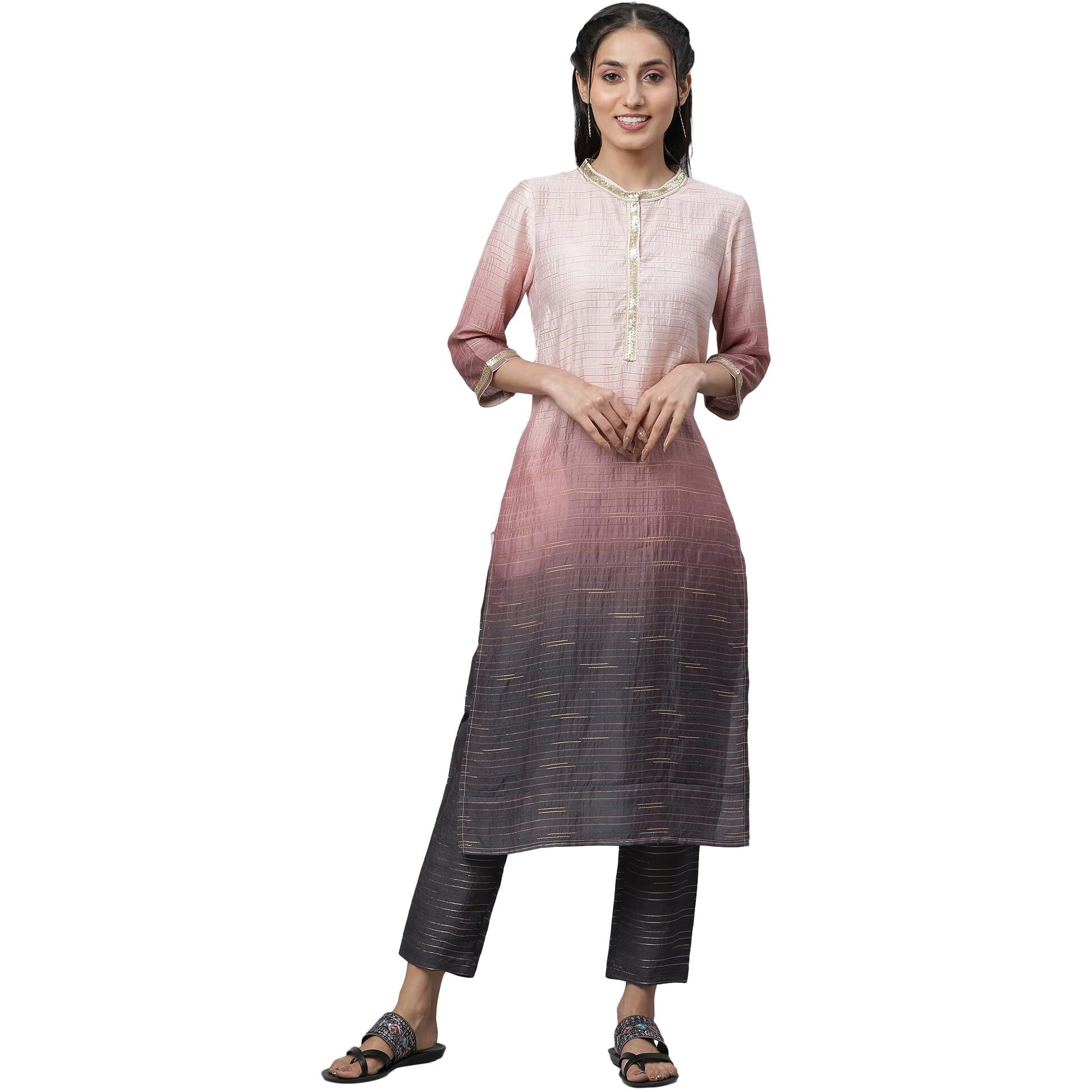 Pink Nylon Viscose Ombrey Kurta And Trouser Set_23Auas14570-507733