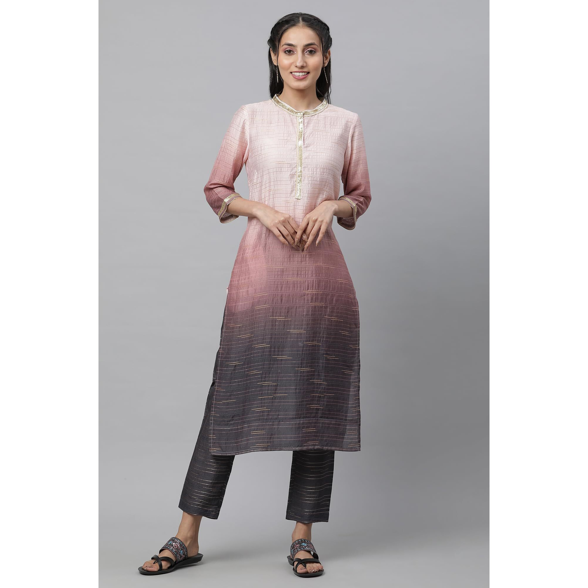 Pink Nylon Viscose Ombrey Kurta And Trouser Set_23Auas14570-507733