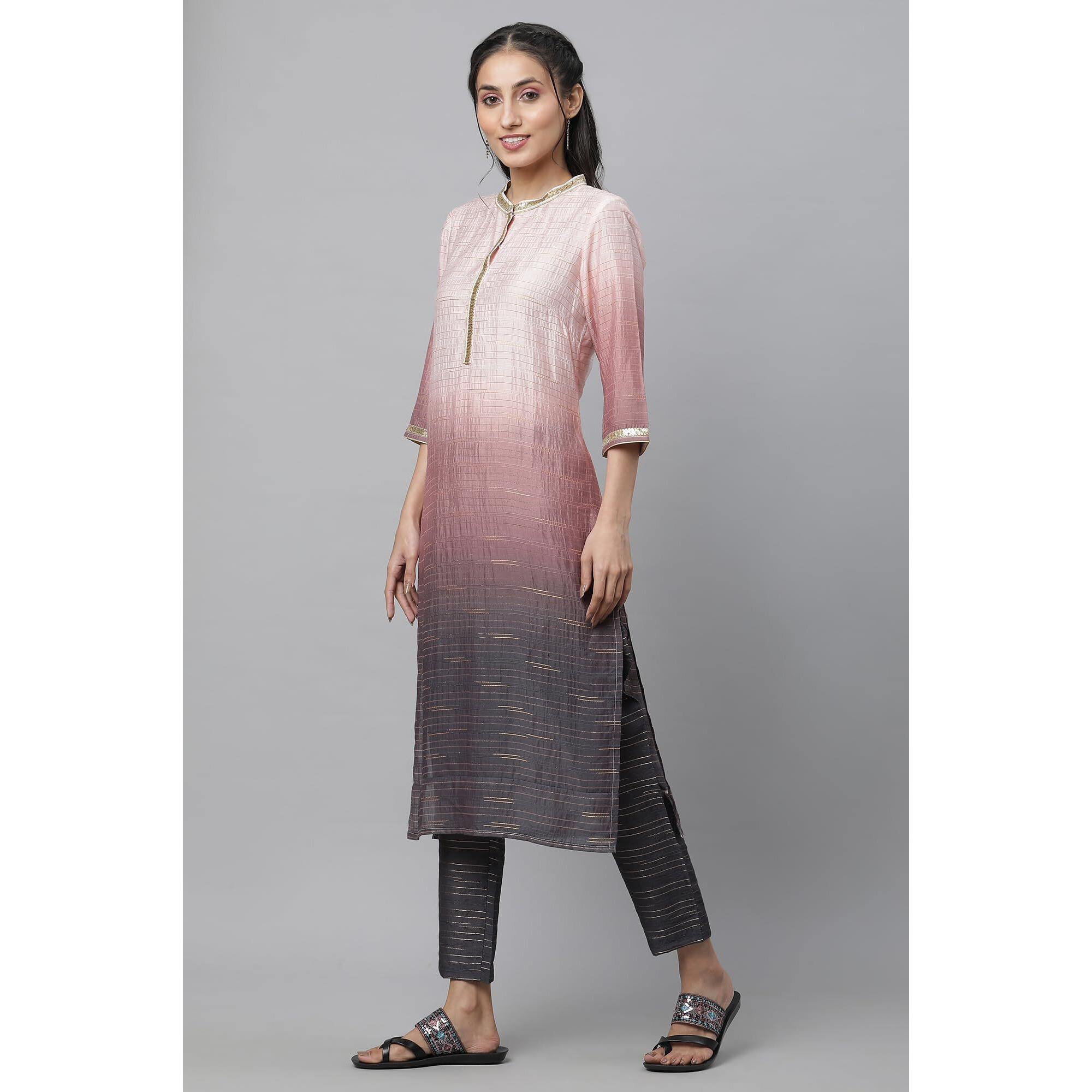 Pink Nylon Viscose Ombrey Kurta And Trouser Set_23Auas14570-507733