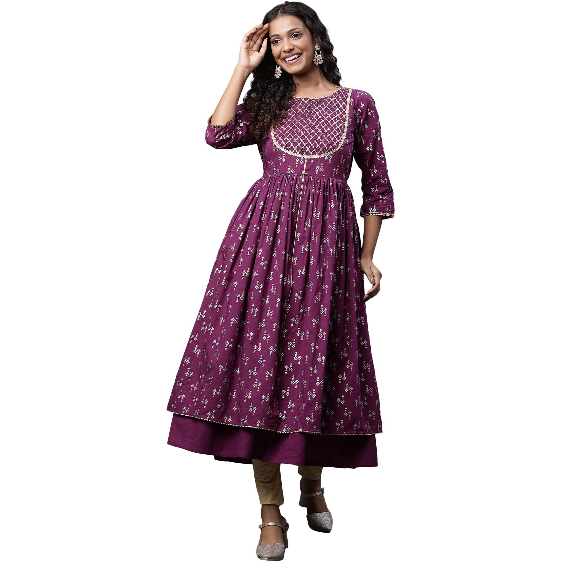Aurelia Purple Geometric Printed Printed Lace Cotton Anarkali Kurta