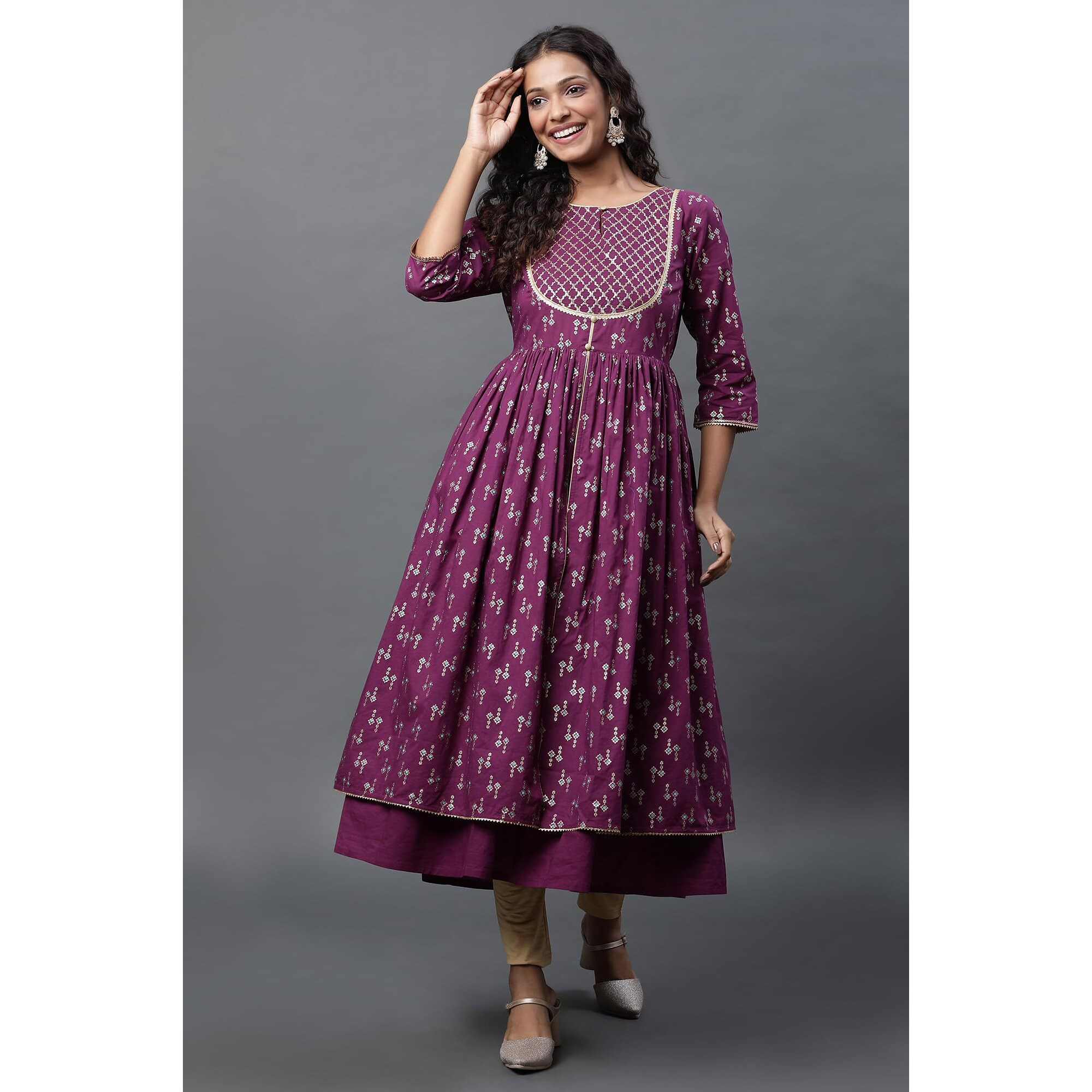 Aurelia Purple Geometric Printed Printed Lace Cotton Anarkali Kurta