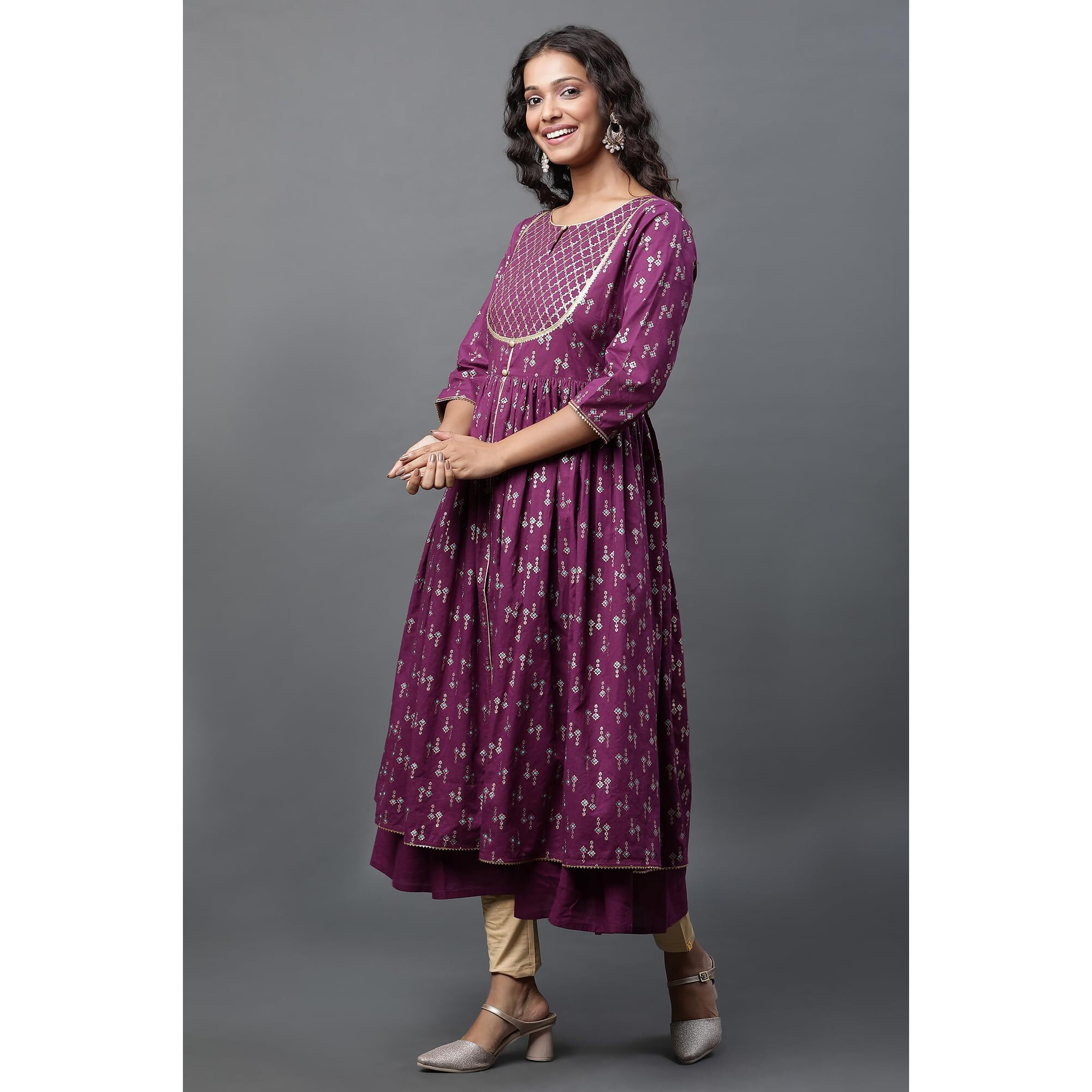 Aurelia Purple Geometric Printed Printed Lace Cotton Anarkali Kurta