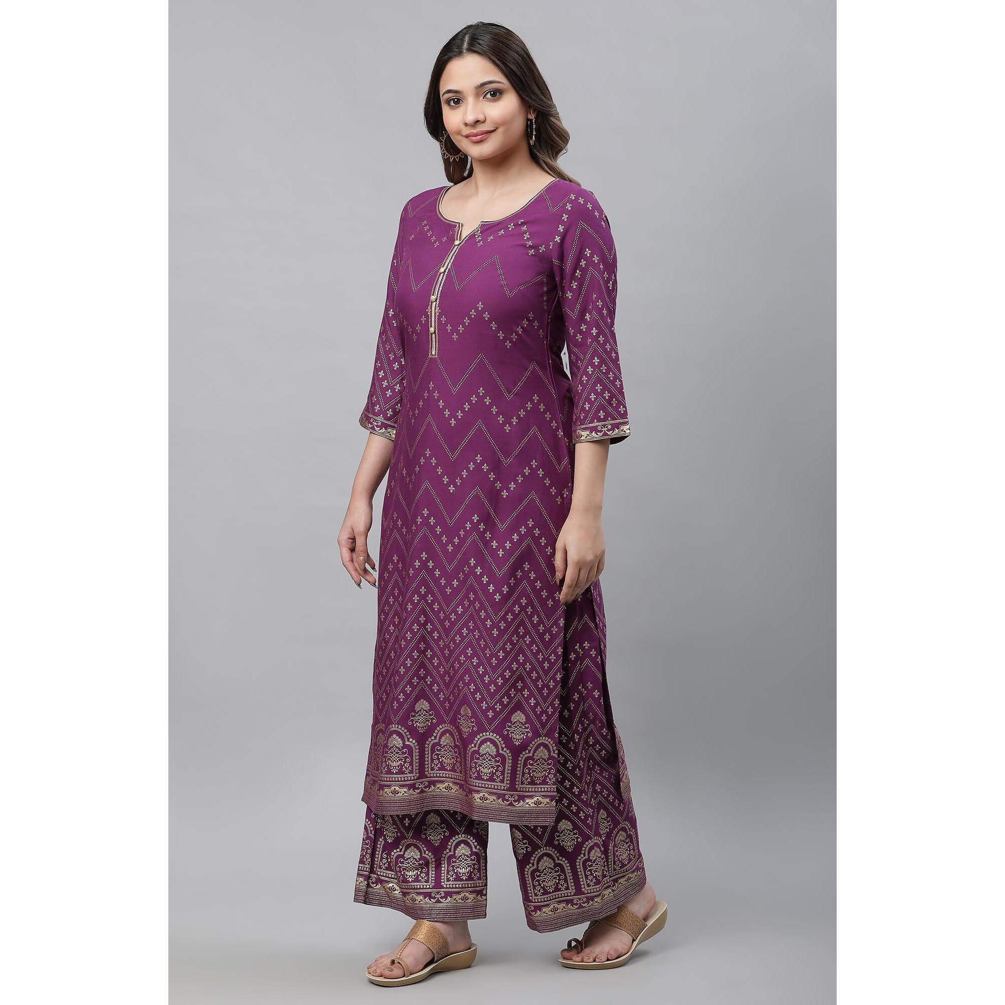 Aurelia Purple Geometric Printed Printed Sequin Straight Long Kurta For Women