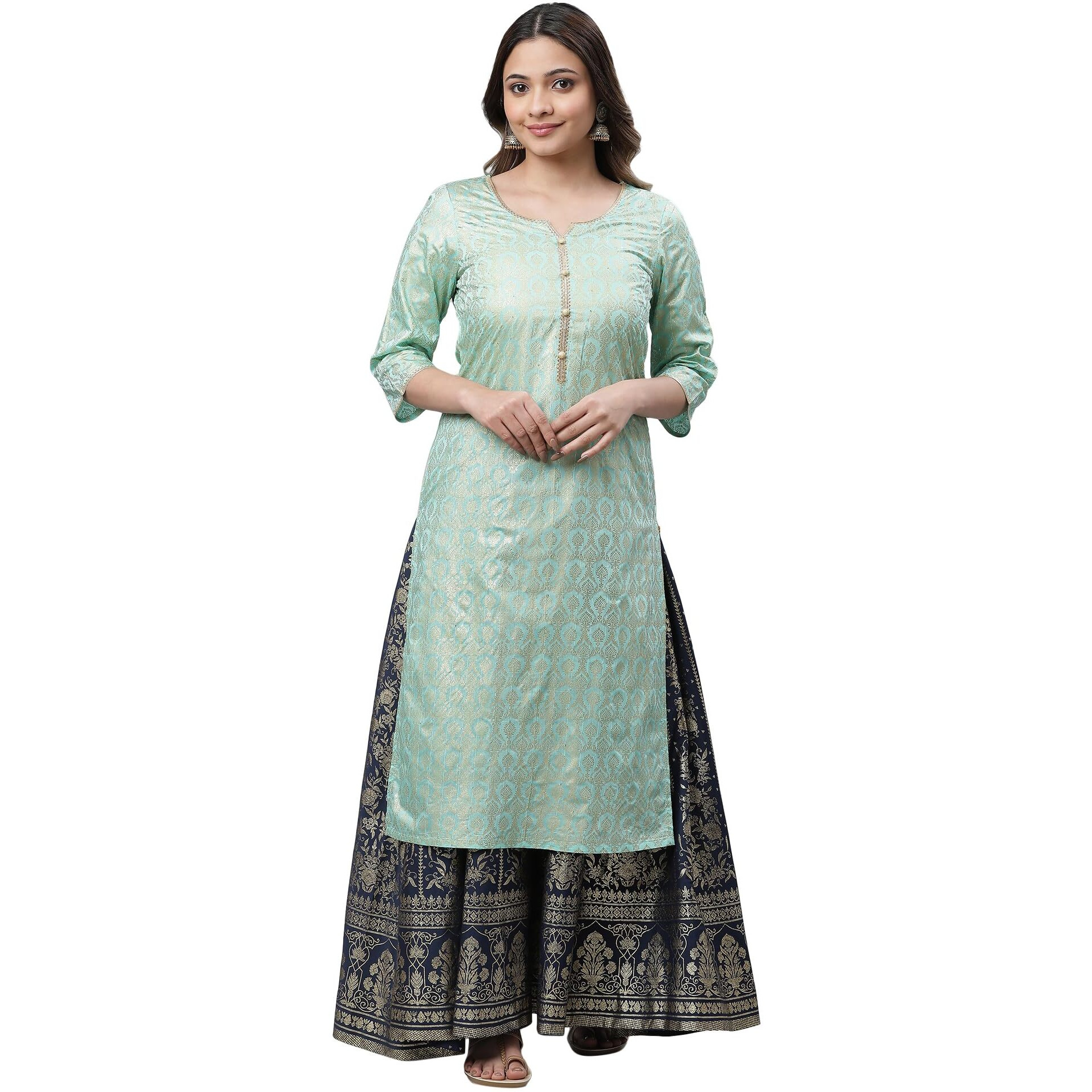 Aurelia Women's Green Foil Printed Embellished Kurta