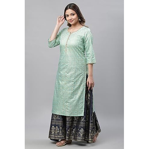 Aurelia Women's Green Foil Printed Embellished Kurta