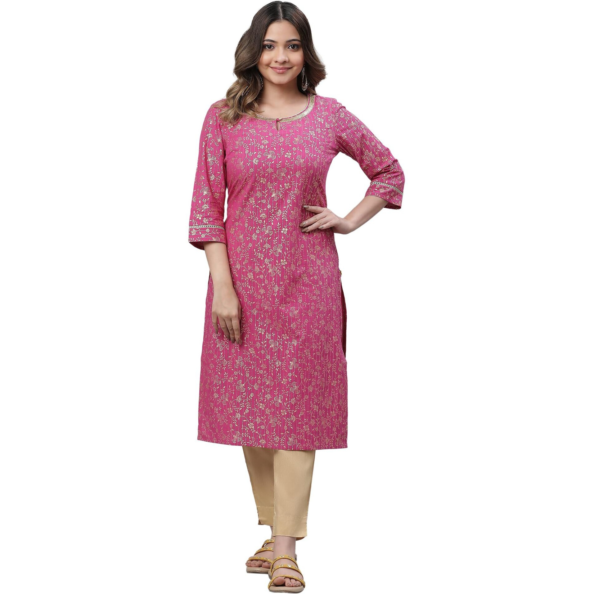 Aurelia Pink Foil Pattern Cotton Straight Long Kurta