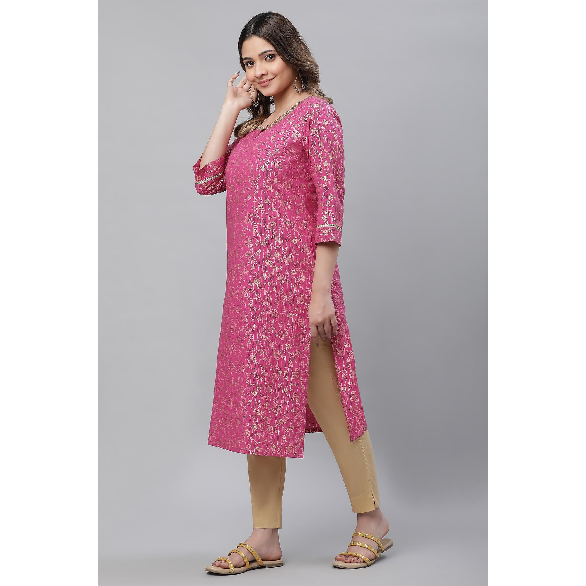 Aurelia Pink Foil Pattern Cotton Straight Long Kurta