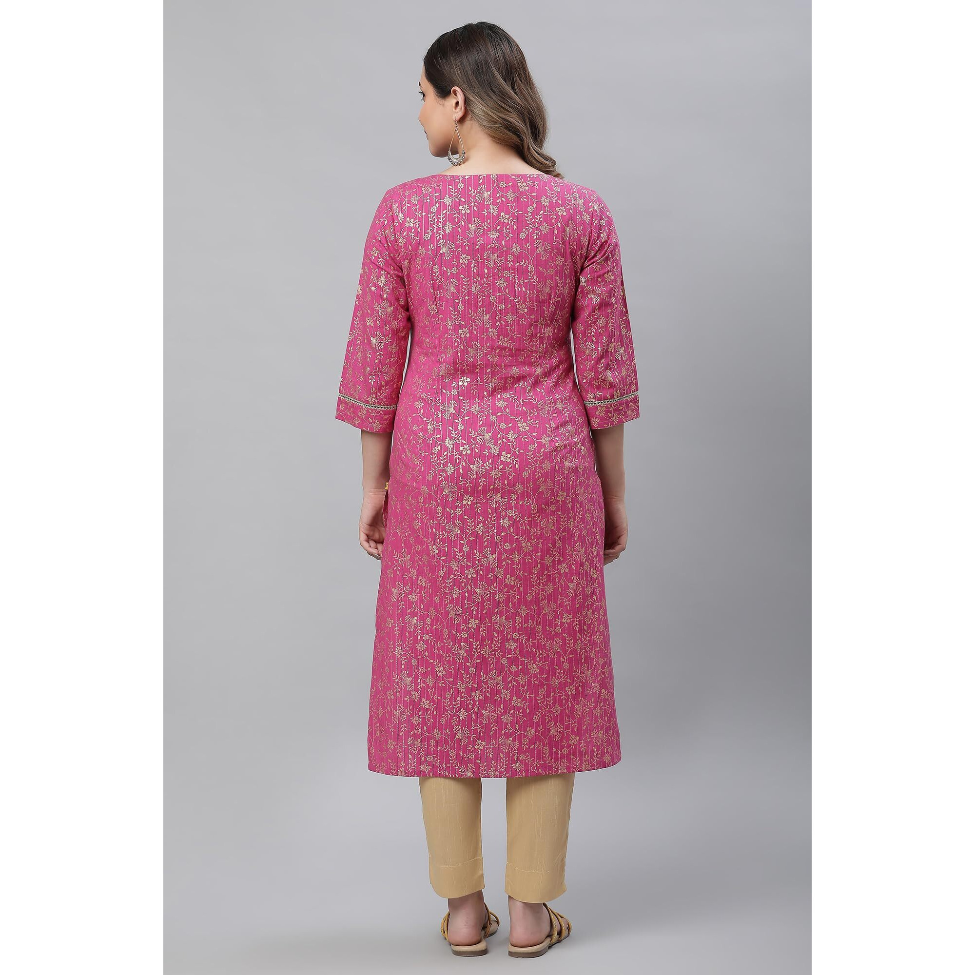 Aurelia Pink Foil Pattern Cotton Straight Long Kurta