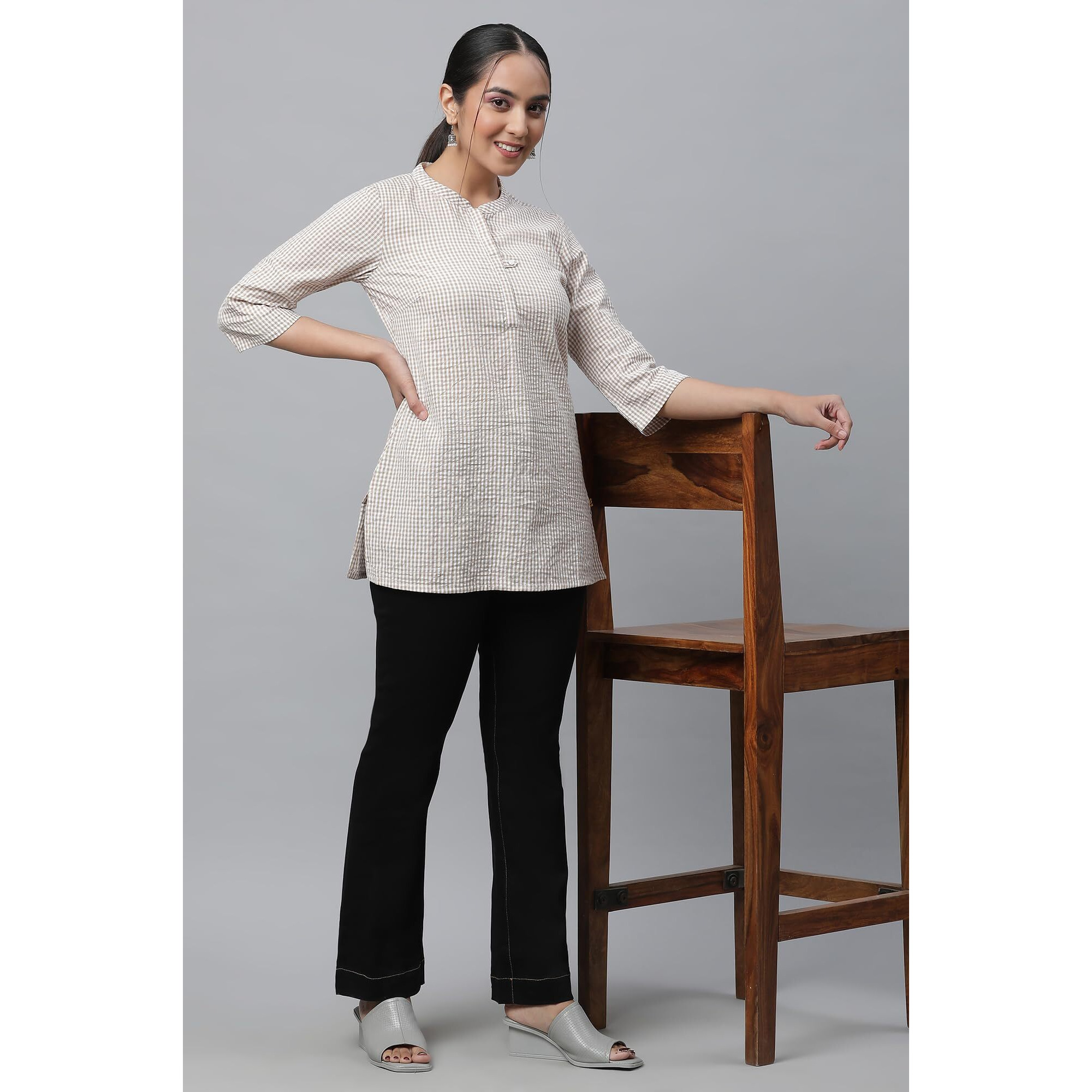 Aurelia Women's Beige Checkered Yarn Dyed Pure Cotton Kurti_23Aua30404-704170_Xl