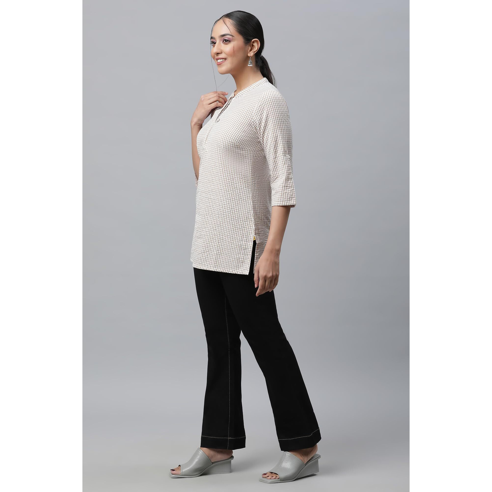 Aurelia Women's Beige Checkered Yarn Dyed Pure Cotton Kurti_23Aua30404-704170_Xl