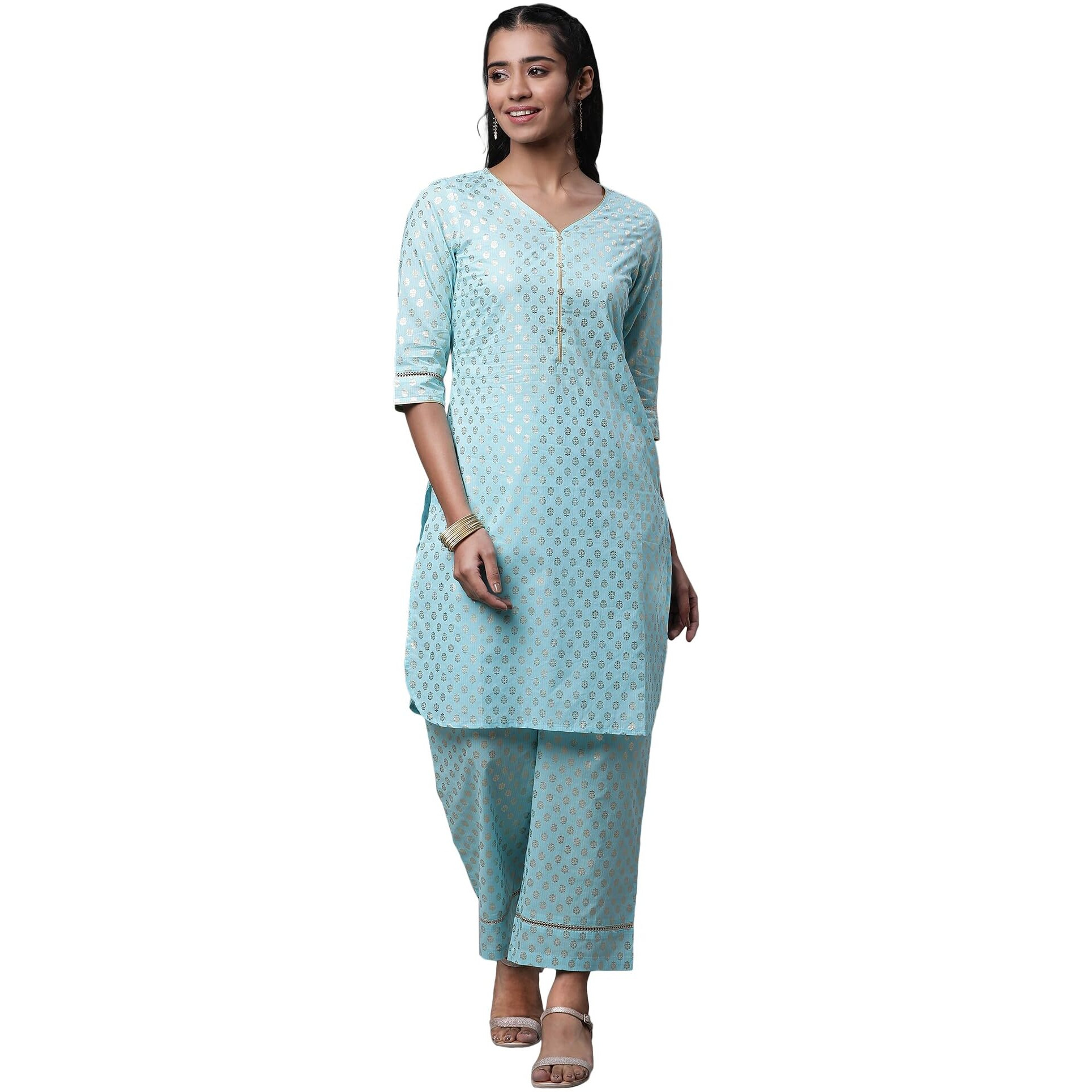 Aurelia Women Tanager Torquise Pure Cotton Straight Kurta, Palazzos Suit Set