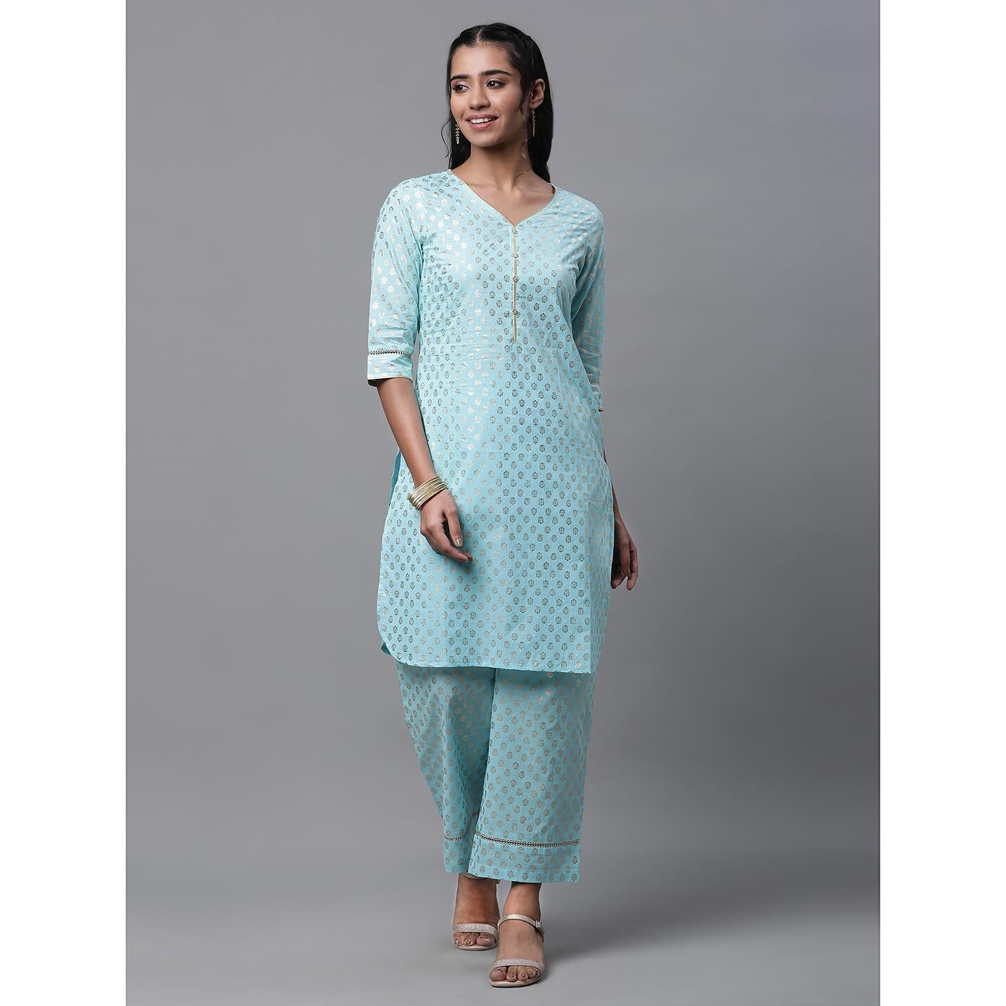 Aurelia Women Tanager Torquise Pure Cotton Straight Kurta, Palazzos Suit Set