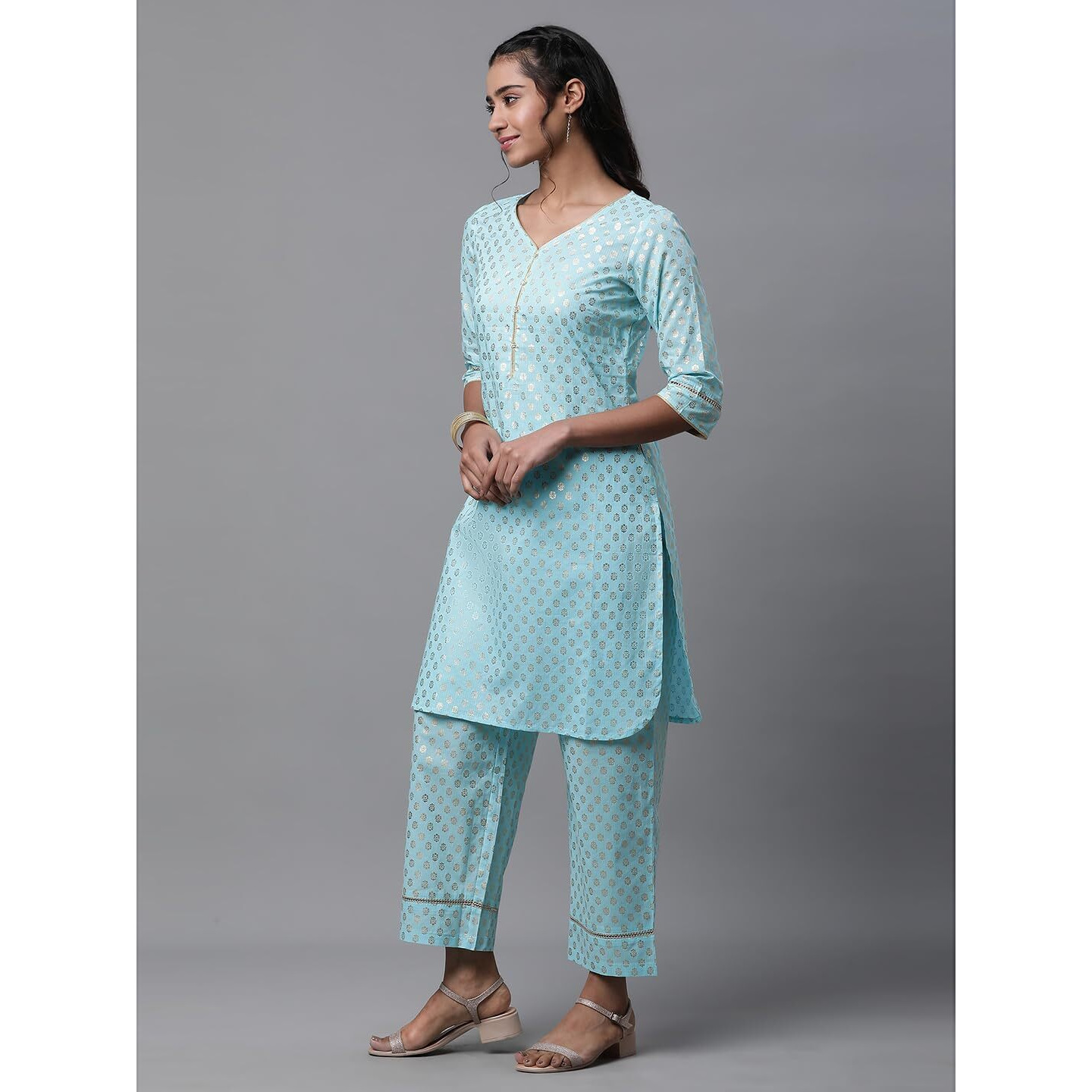 Aurelia Women Tanager Torquise Pure Cotton Straight Kurta, Palazzos Suit Set