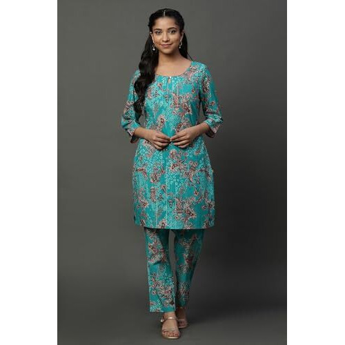 Aurelia Blue Floral Printed Kurta And Pants Coord Set (Size M)-23Auas14765-507447