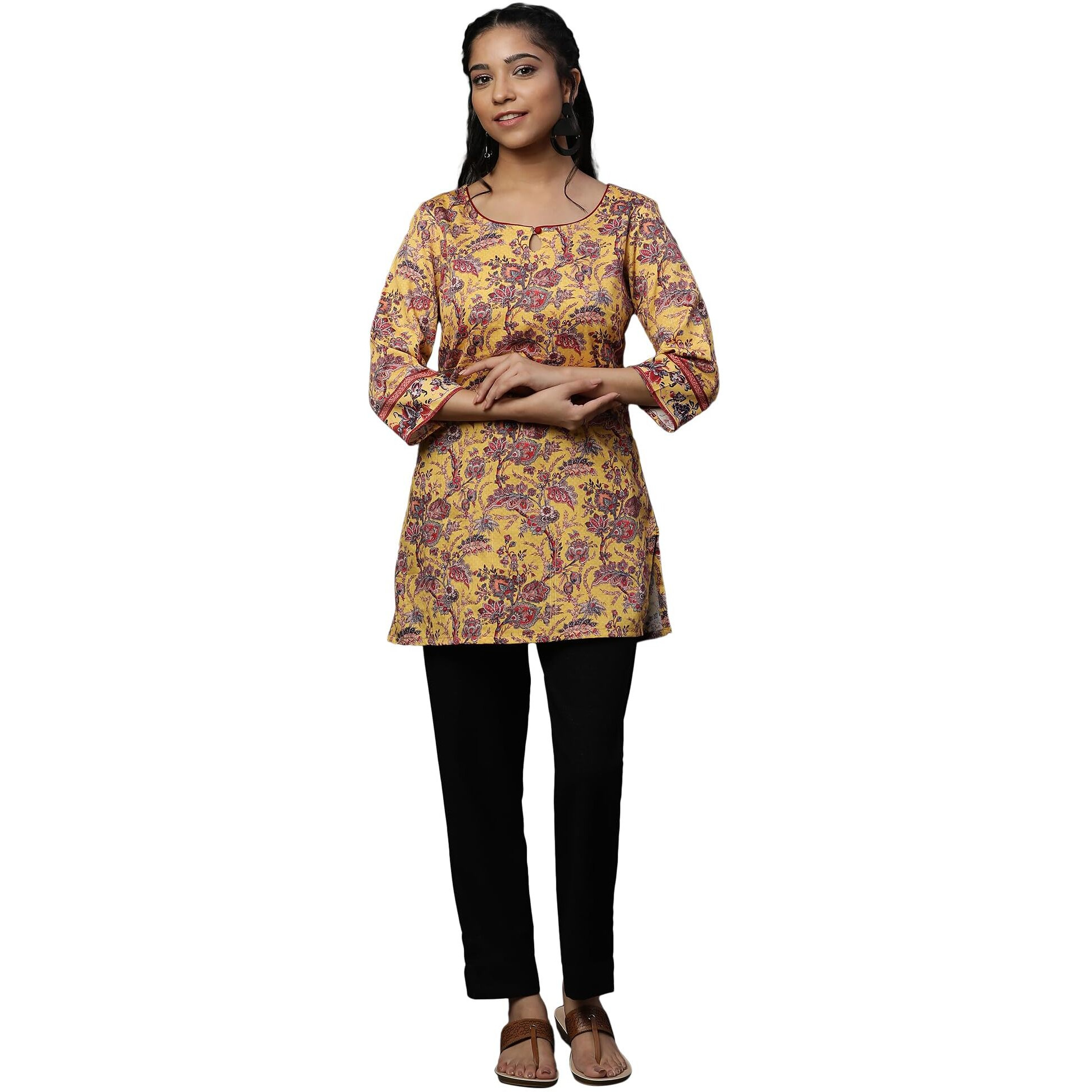 Yellow Floral Printed Short Ethnic Kurti (Size M)-23Aua30397-507443