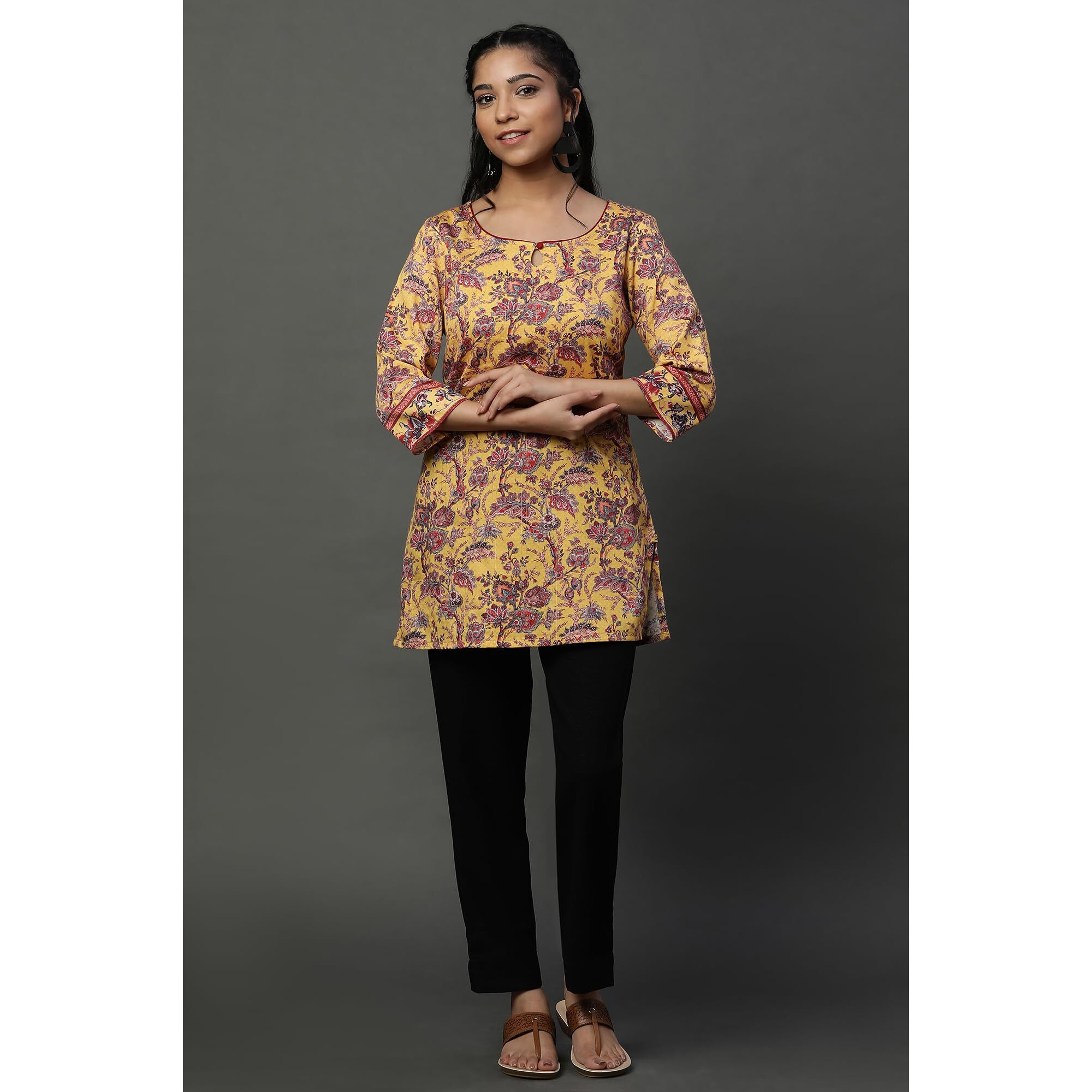 Yellow Floral Printed Short Ethnic Kurti (Size M)-23Aua30397-507443