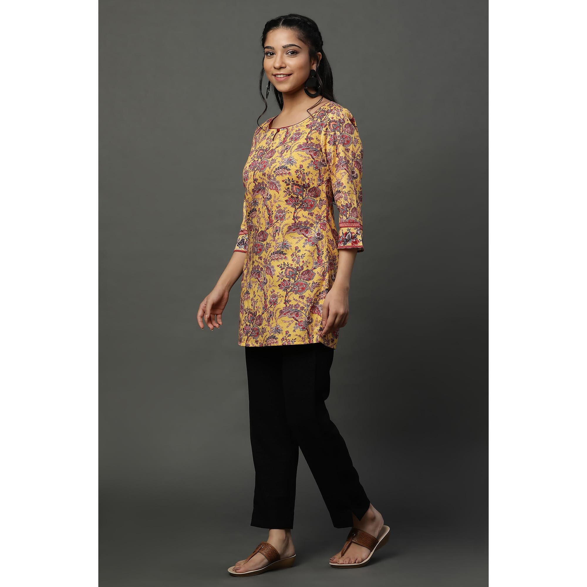 Yellow Floral Printed Short Ethnic Kurti (Size M)-23Aua30397-507443