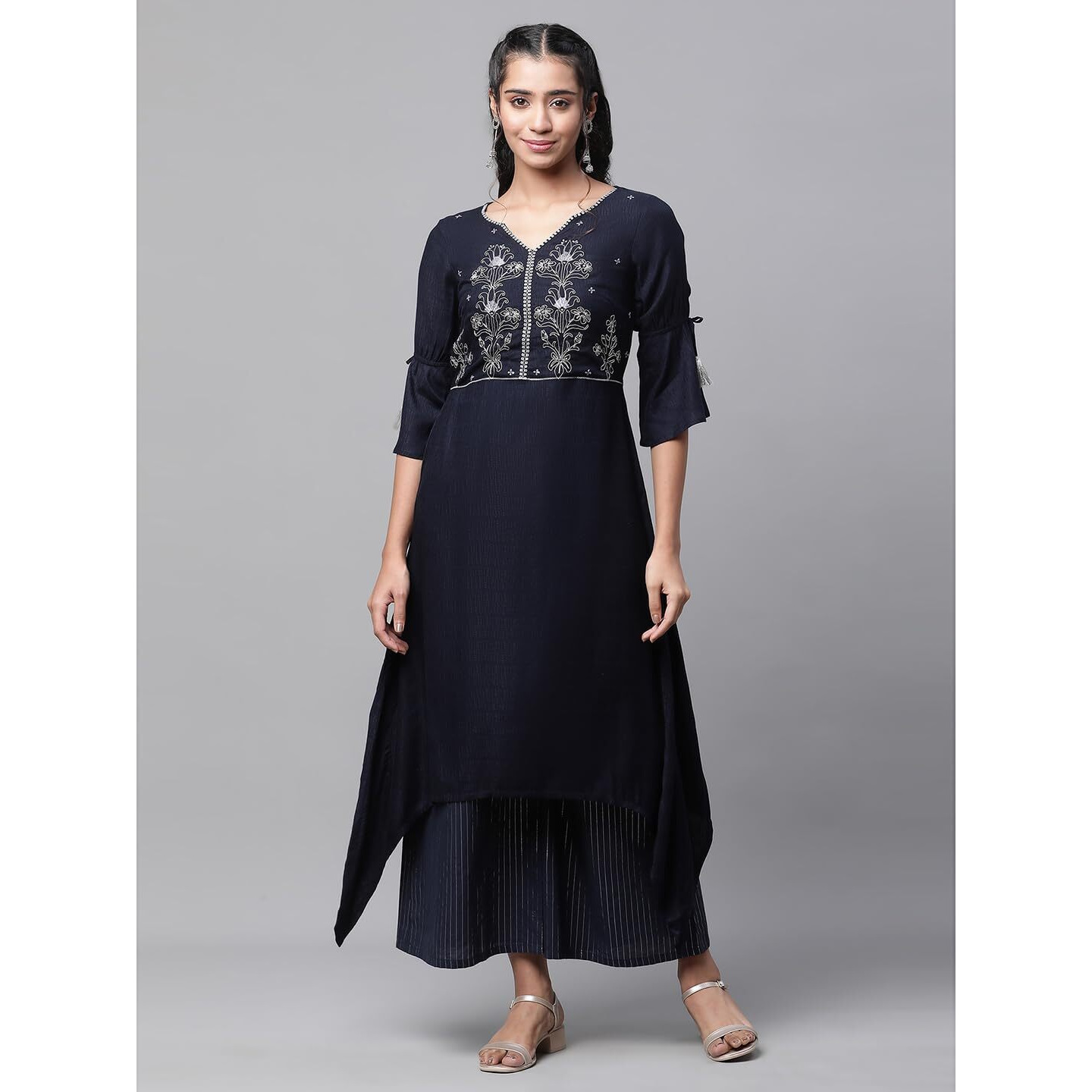 Aurelia Women Dark Blue Viscose Asymmetrical Kurta, Palazzos Suit Set