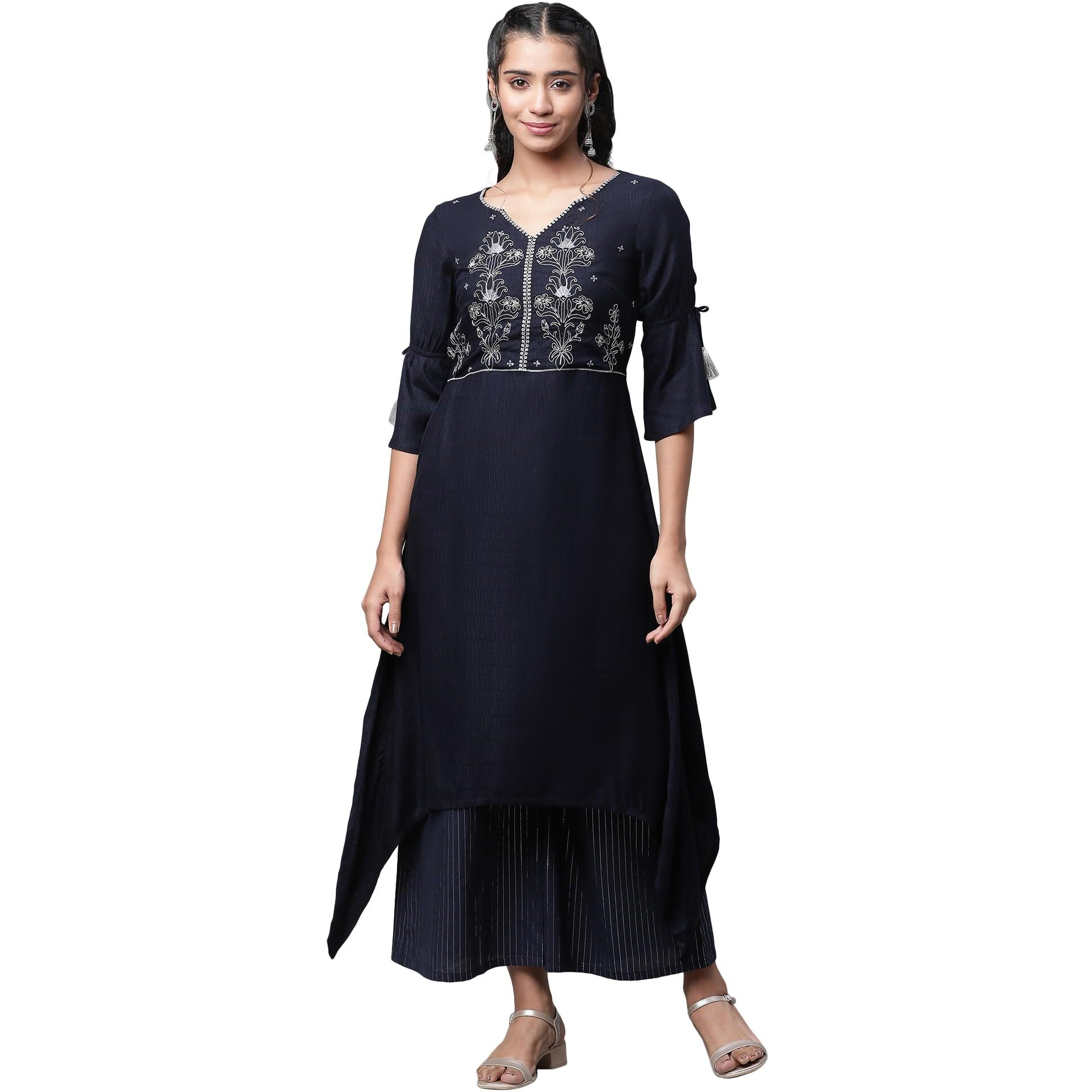 Aurelia Women's Dark Blue Viscose Asymmetrical Kurta, Palazzos Suit Set_23Auas14189-605975_Xxl