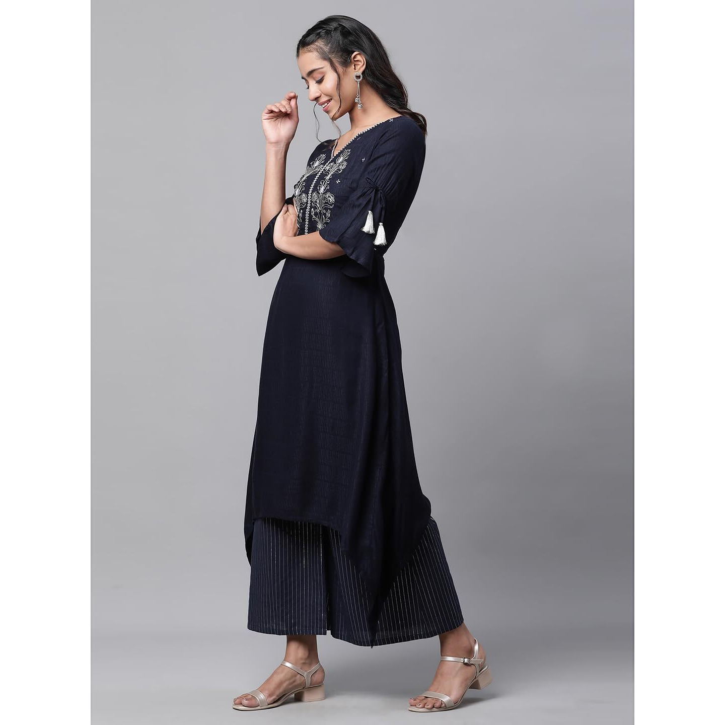 Aurelia Women's Dark Blue Viscose Asymmetrical Kurta, Palazzos Suit Set_23Auas14189-605975_Xxl