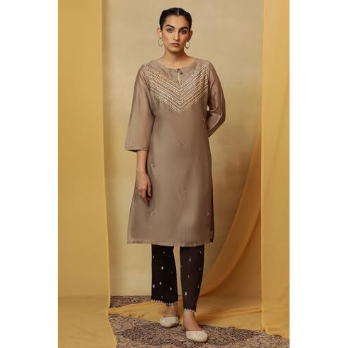 W For Woman Women's Cotton Blend Solid Regular Kurta (23Maf11633-920718_Pigeon Grey