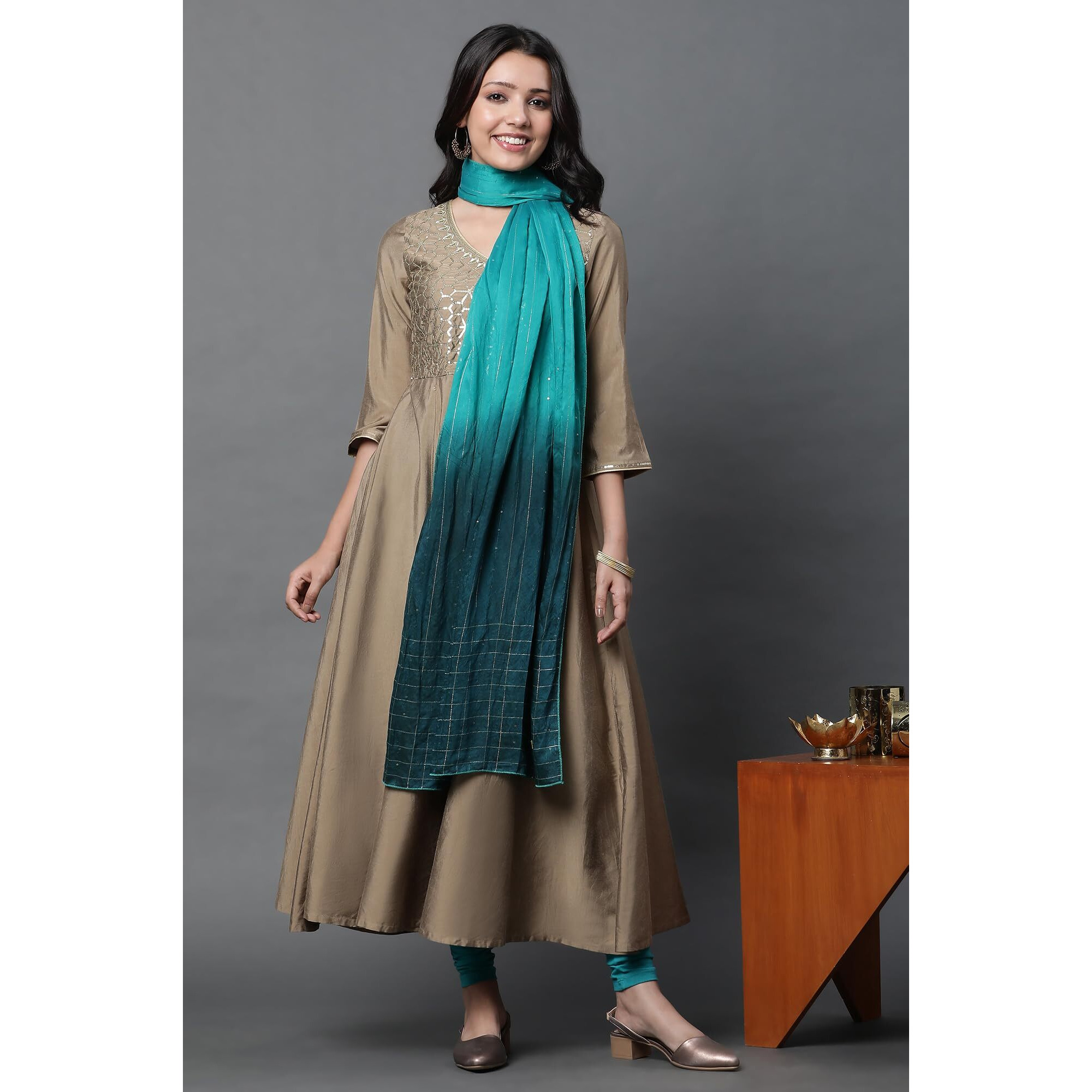 Green And Blue Ombre Embellished Dupatta