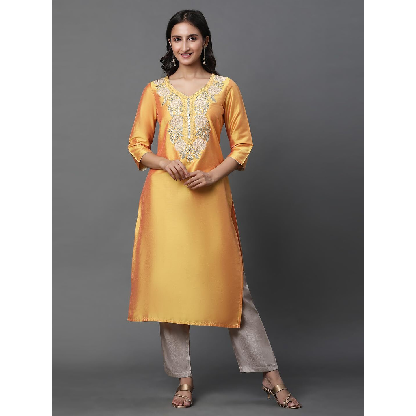 Aurelia Women Mustard Yellow Solid Solid Viscose Poly Straight Kurta