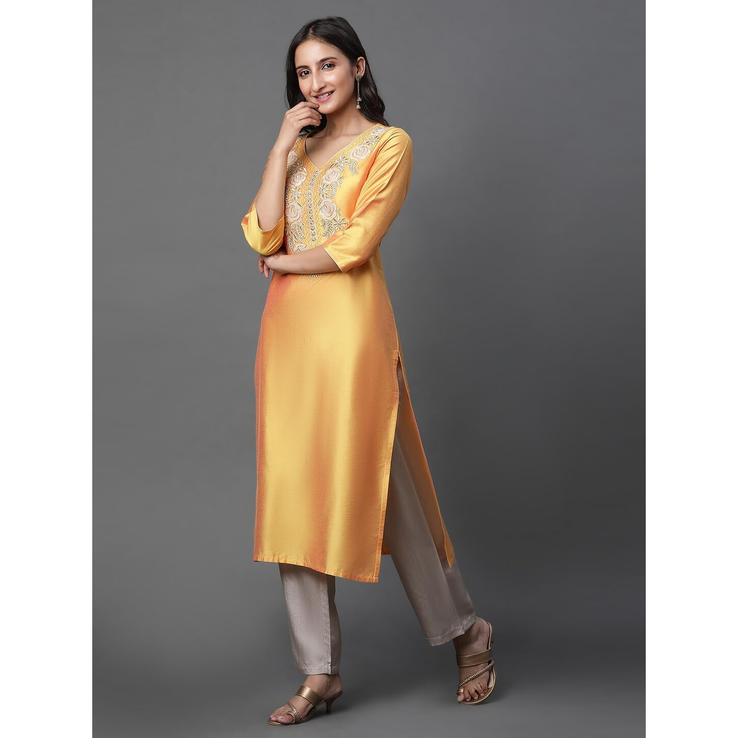 Aurelia Women Mustard Yellow Solid Solid Viscose Poly Straight Kurta