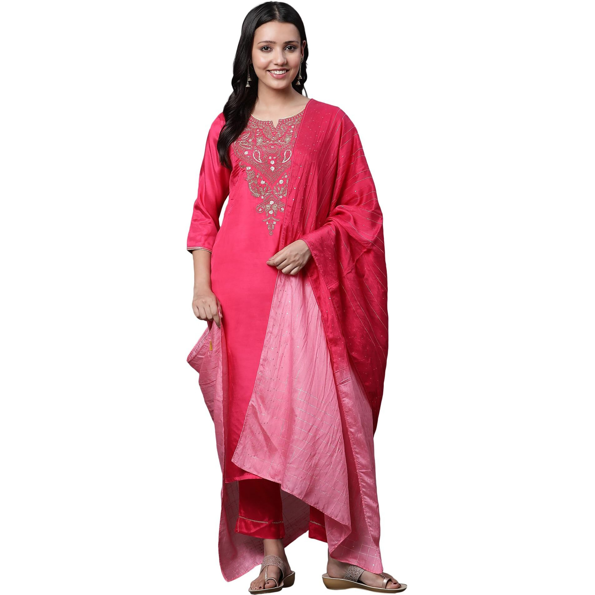 Dark Pink Dori Embroidered Kurta, Trousers And Dupatta Set