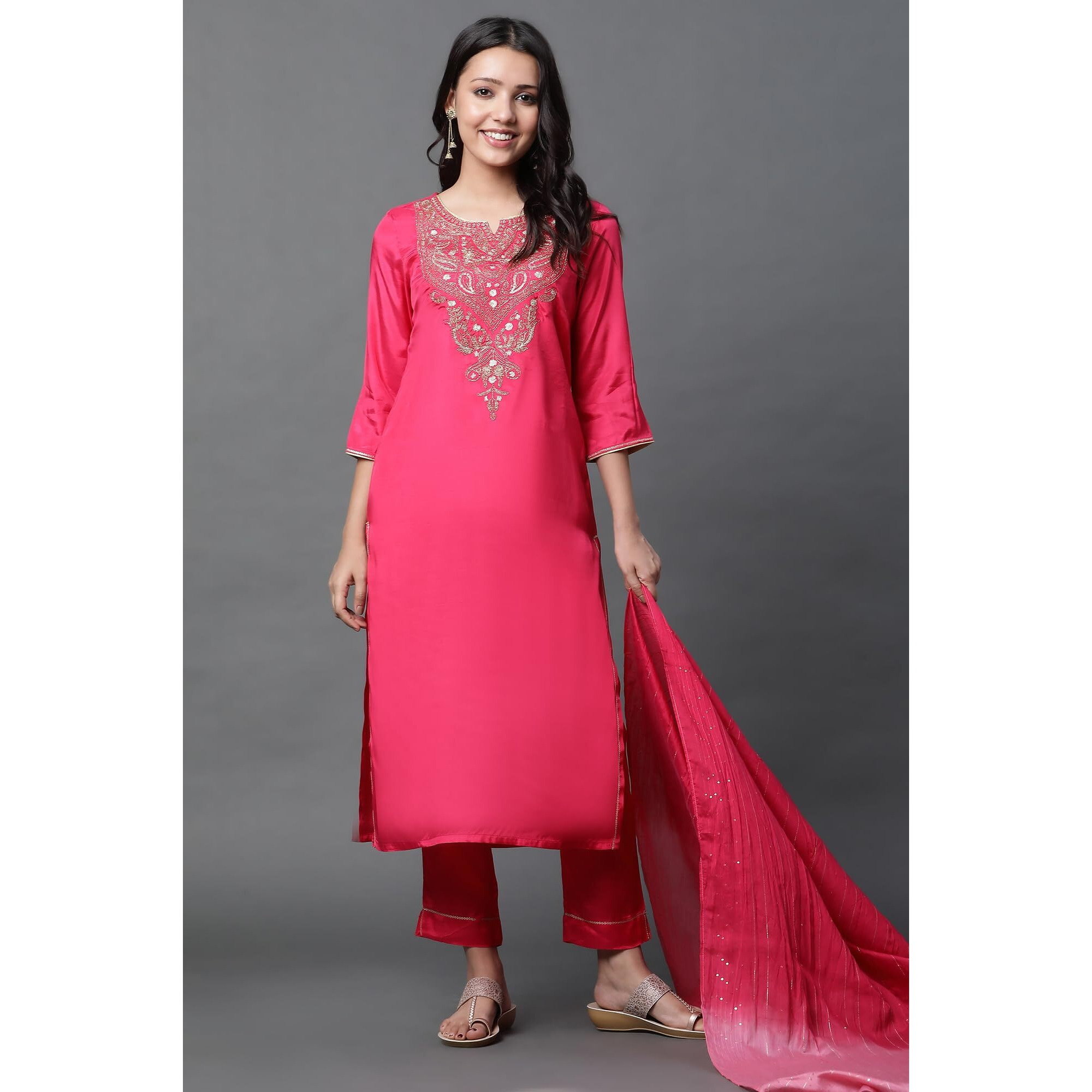Dark Pink Dori Embroidered Kurta, Trousers And Dupatta Set
