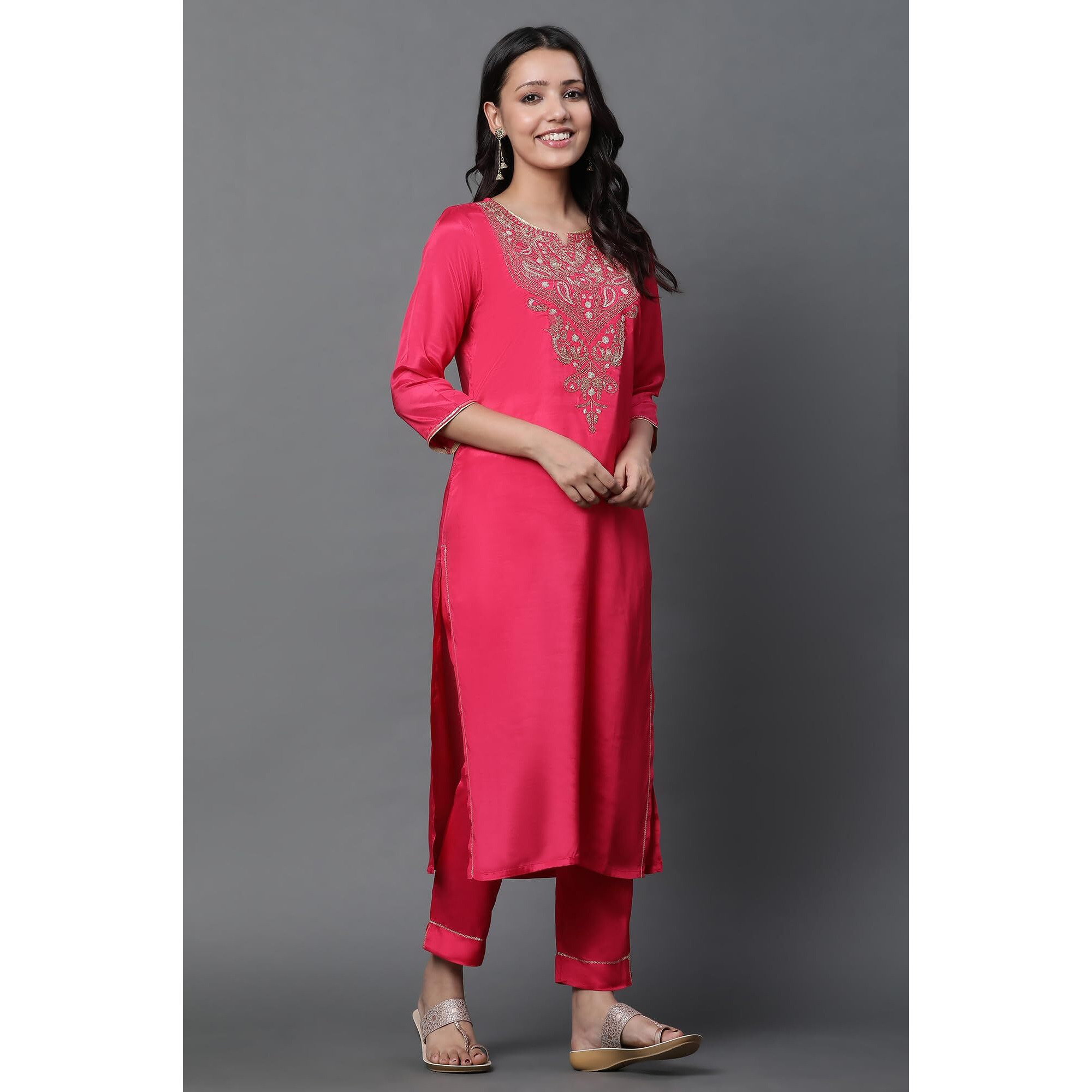 Dark Pink Dori Embroidered Kurta, Trousers And Dupatta Set