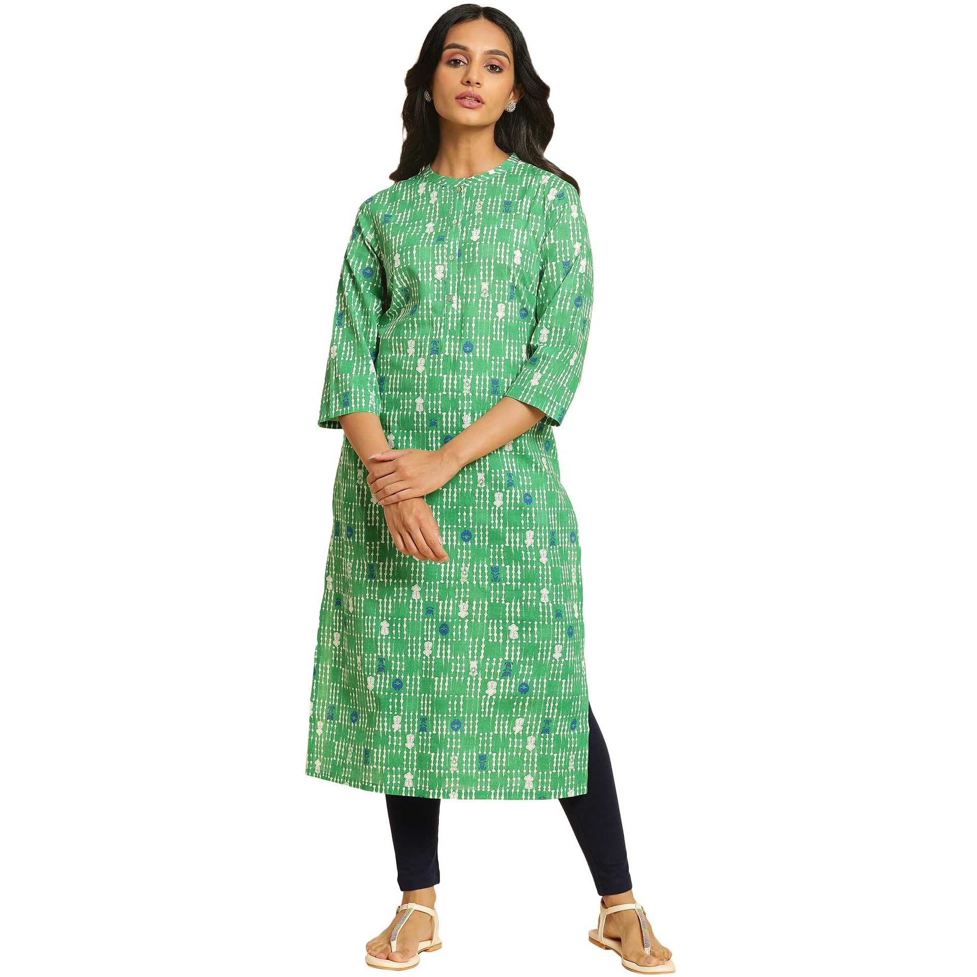 W For Woman Green Geometric Mandarin Collar Straight Kurta (Size M)-23Auw10253-122856