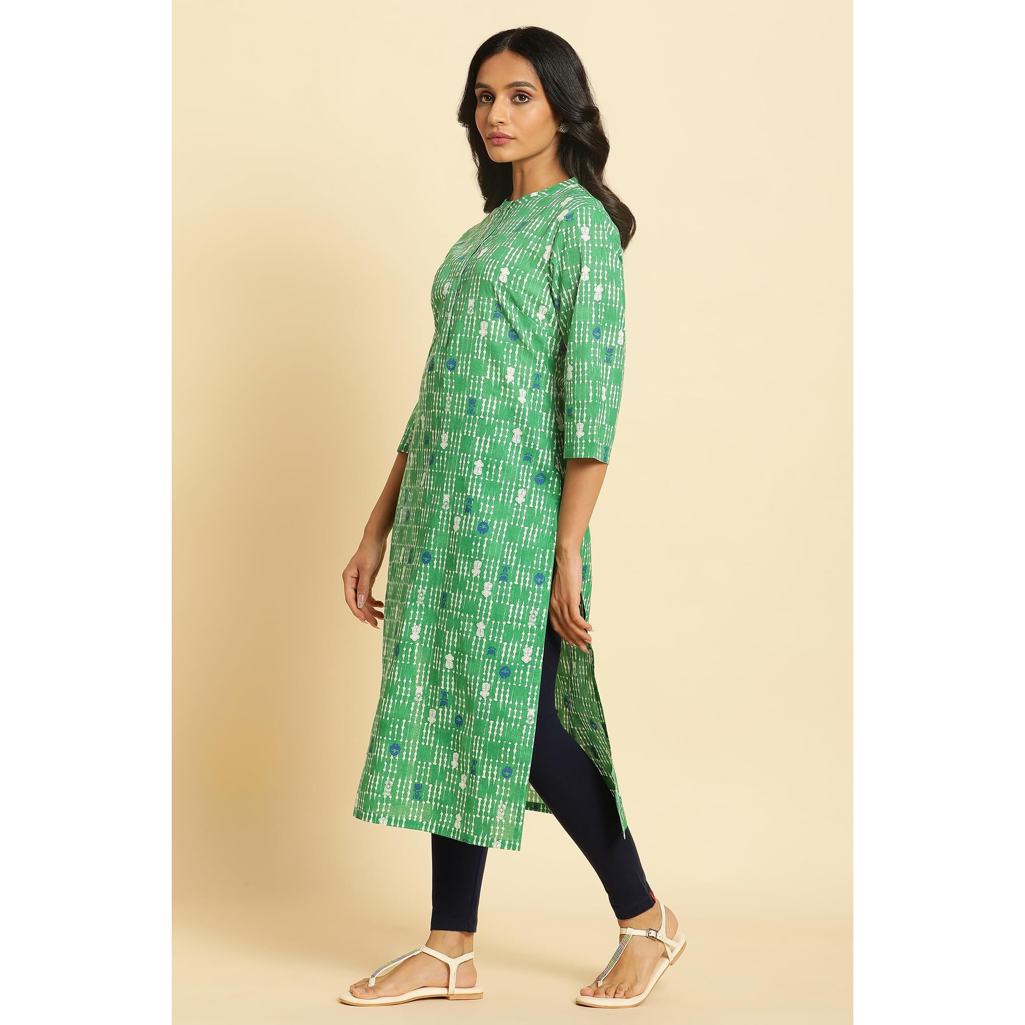 W For Woman Green Geometric Mandarin Collar Straight Kurta (Size M)-23Auw10253-122856