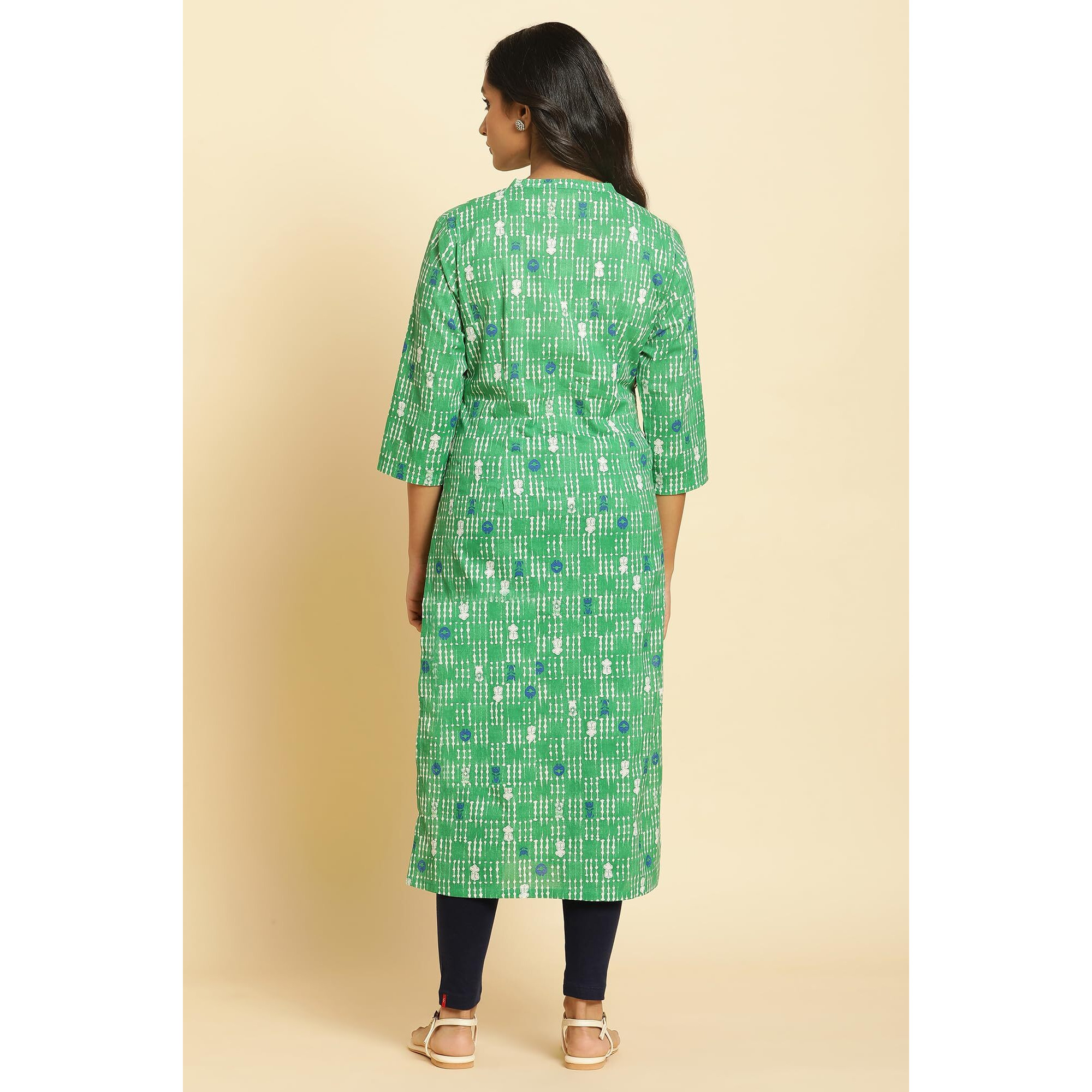 W For Woman Green Geometric Mandarin Collar Straight Kurta (Size M)-23Auw10253-122856