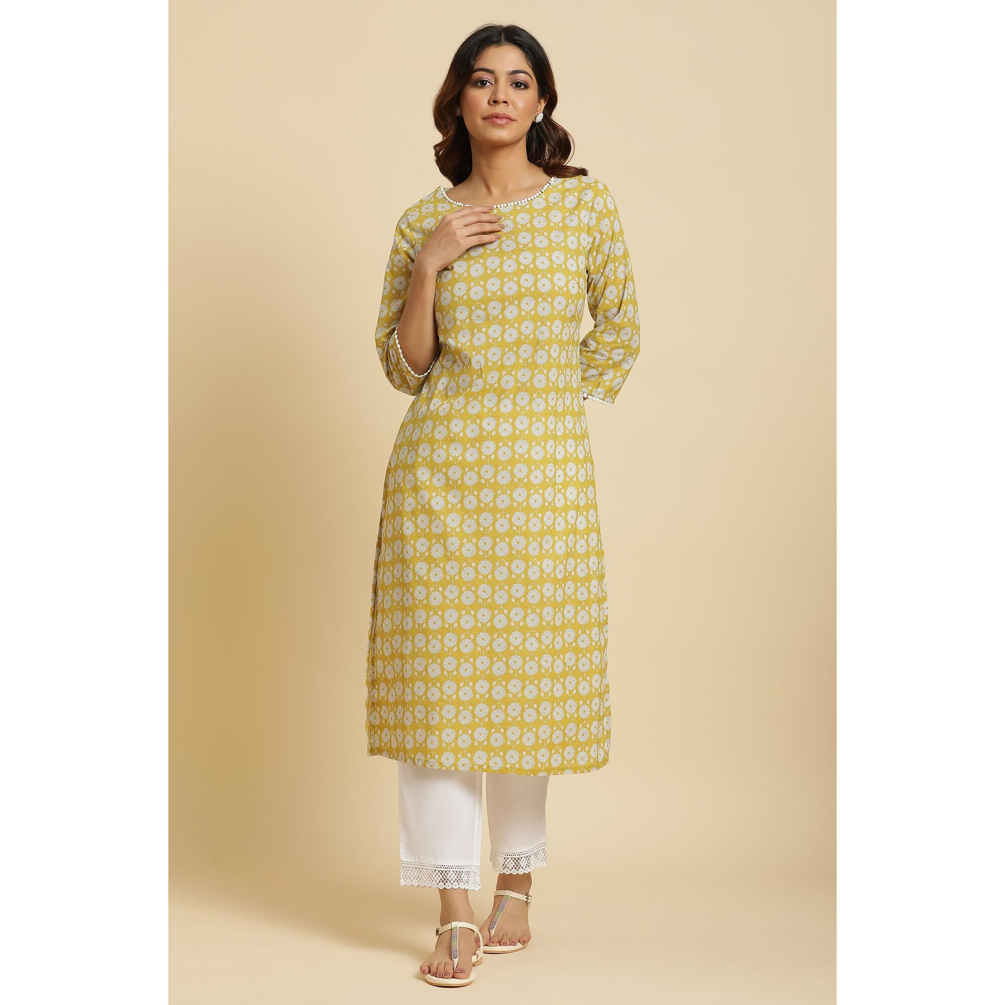 W For Woman Yellow Abstract Printed Straight Kurta (Size M)-23Auw10254-122847