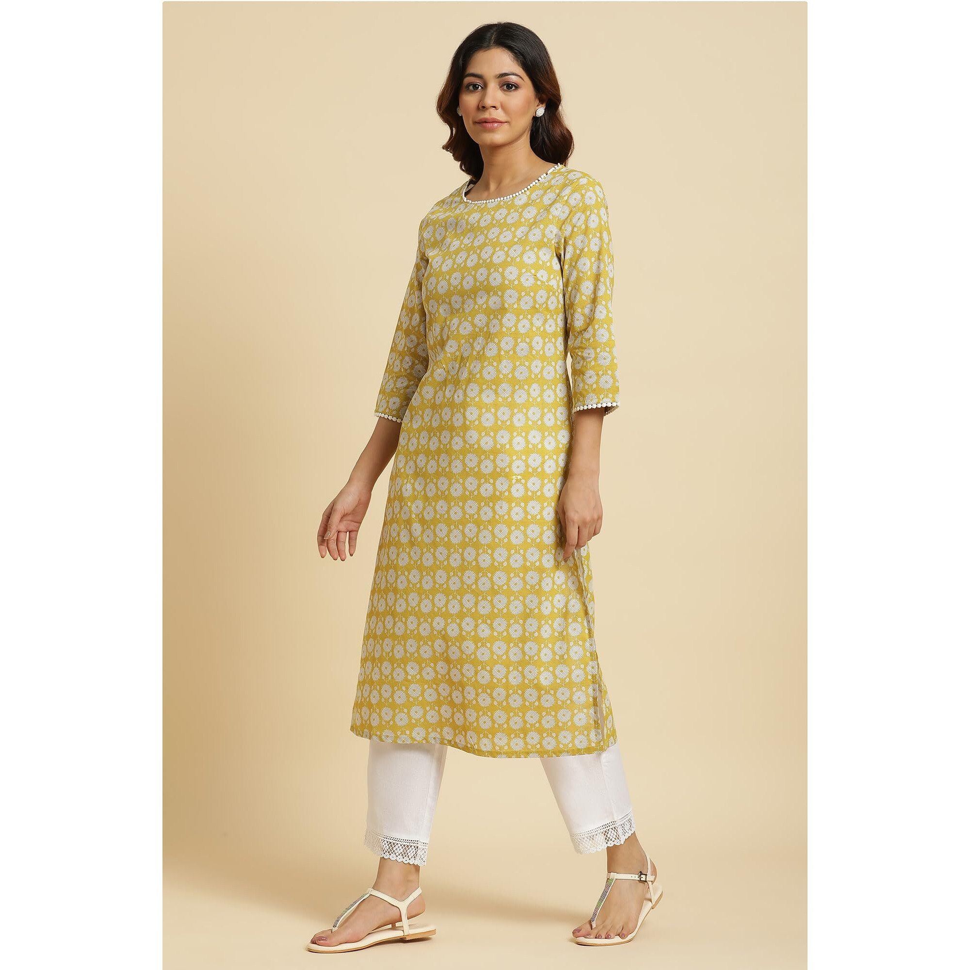 W For Woman Yellow Abstract Printed Straight Kurta (Size M)-23Auw10254-122847